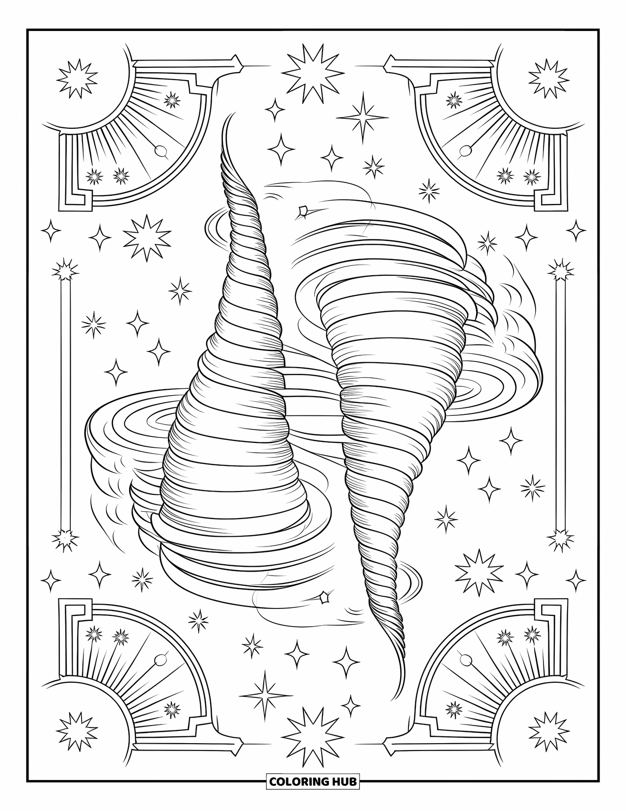 Tornado Coloring Page for Adults: Twin tornadoes spiral side by side with celestial patterns and detailed background elements