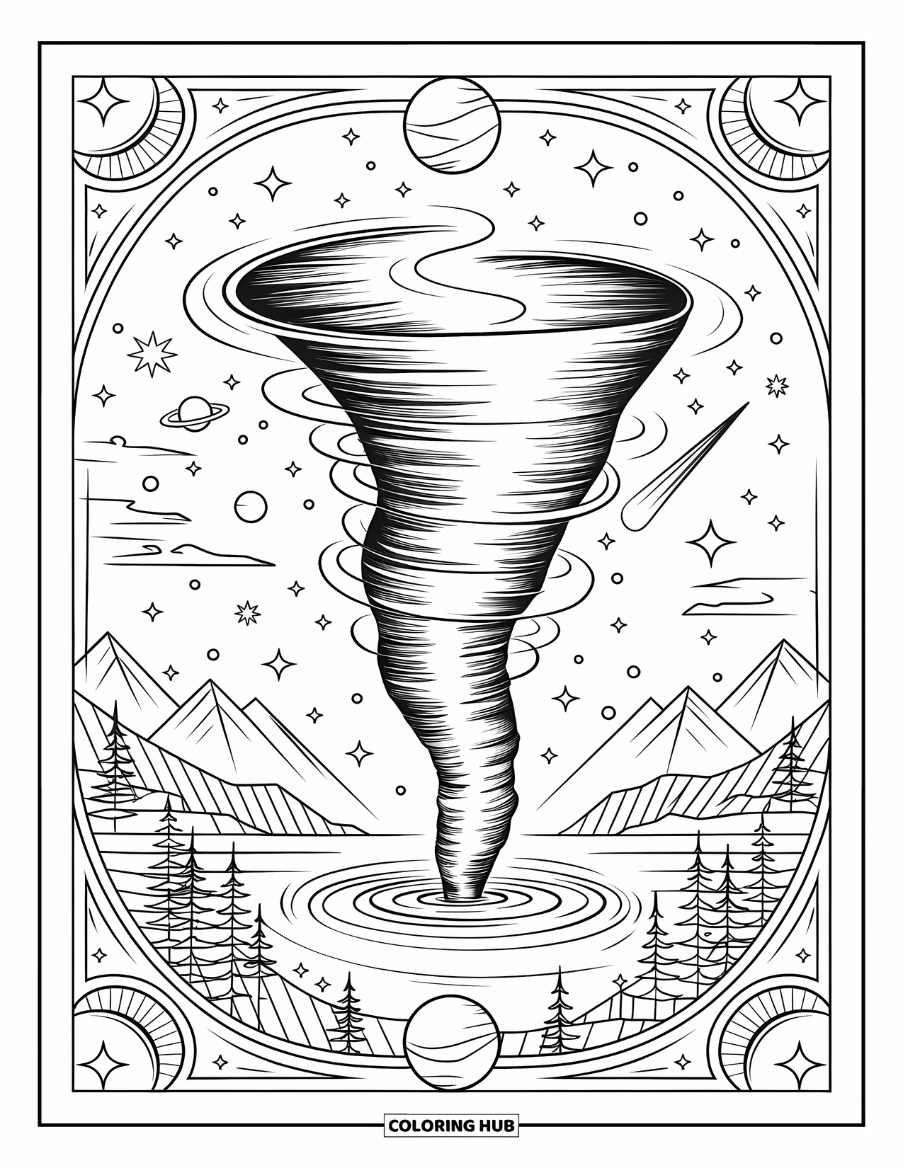 Tornado Coloring Page for Adults: Two tornadoes twist in opposite directions above mountains, framed by stars and planets