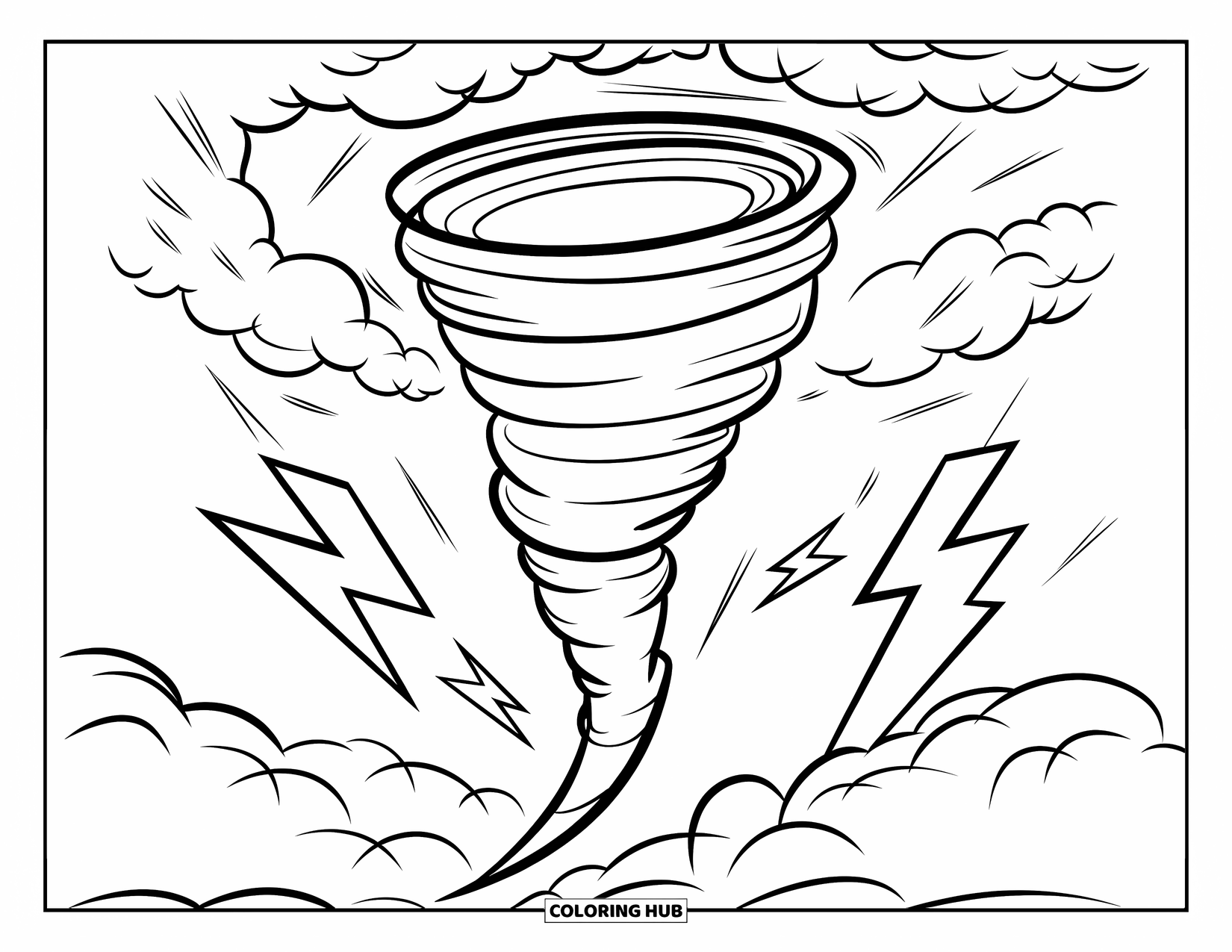 Tornado Coloring Page for Kids: A bold tornado swirls under storm clouds filled with flashing lightning bolts