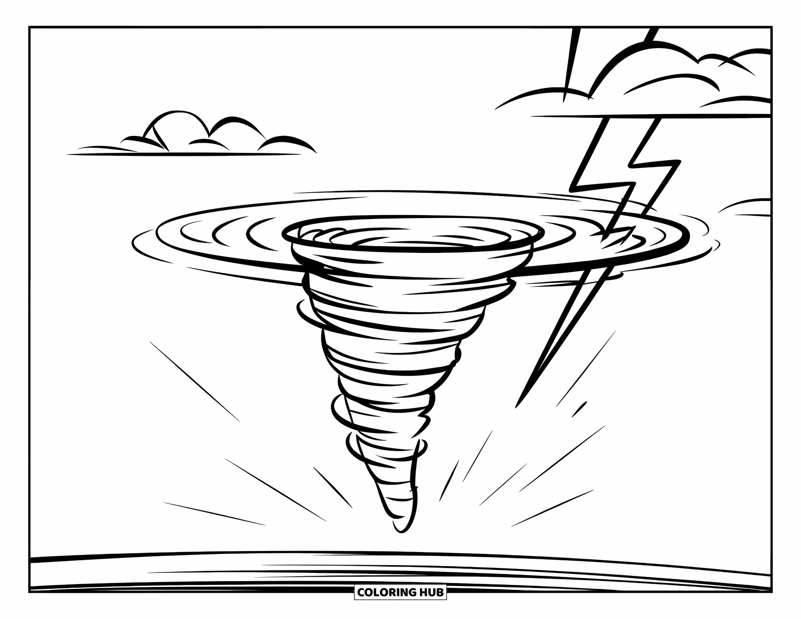 Tornado Coloring Page for Kids: A cheerful tornado floats gently beneath a sky with one cloud and a bolt