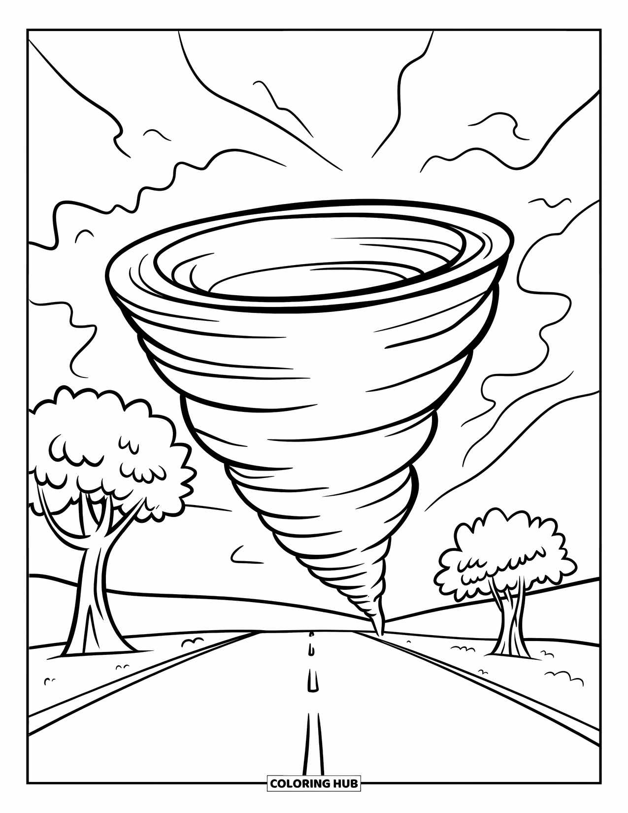 Tornado Coloring Page for Kids: A cheerful tornado twirls beside a straight road lined with trees and big open space