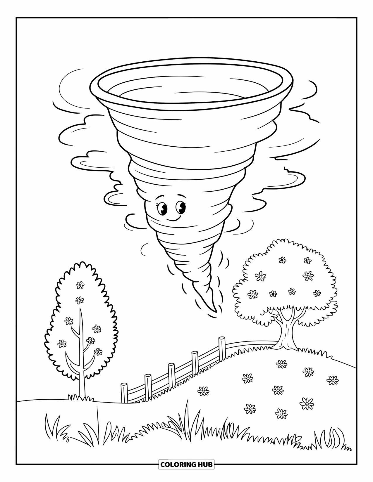 Tornado Coloring Page for Kids: A cheerful tornado with a face spins above a hill with wildflowers and a wooden fence