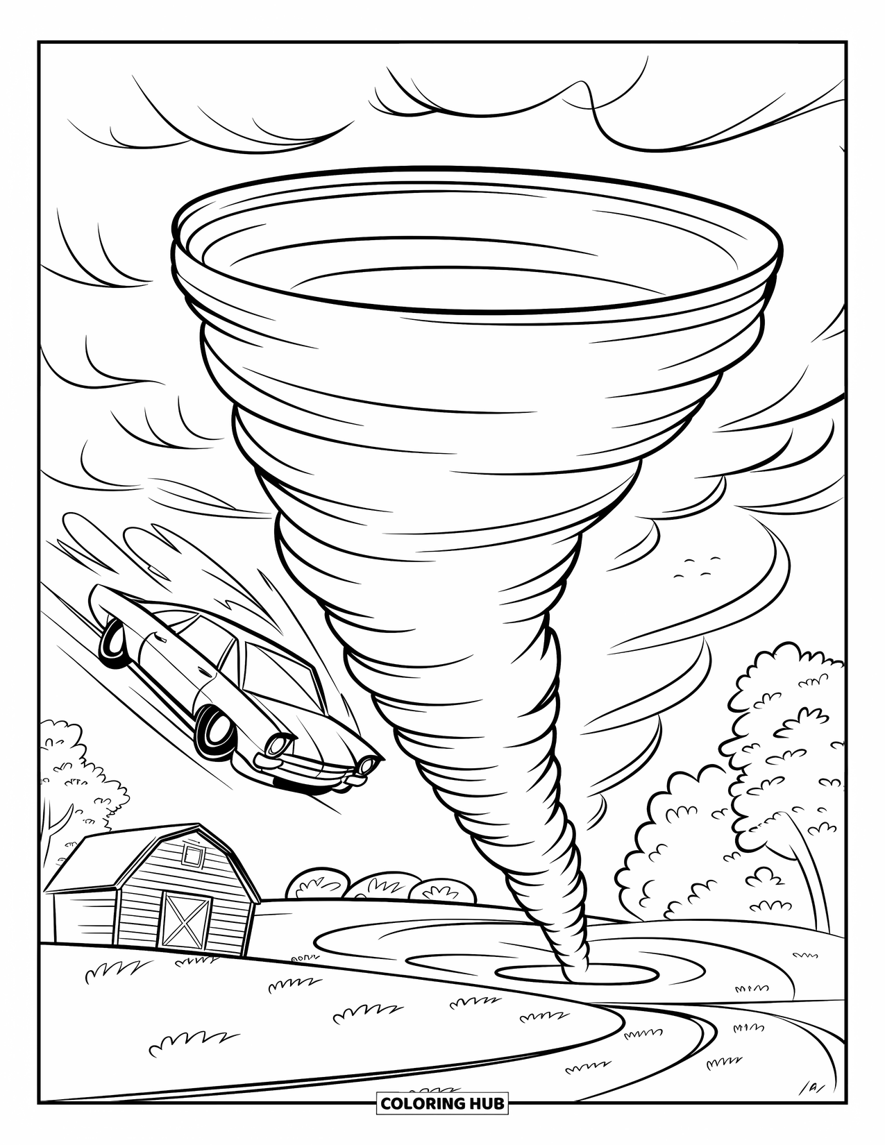 Tornado Coloring Page for Kids: A chubby tornado with soft curves blows a car and house near a barn and trees