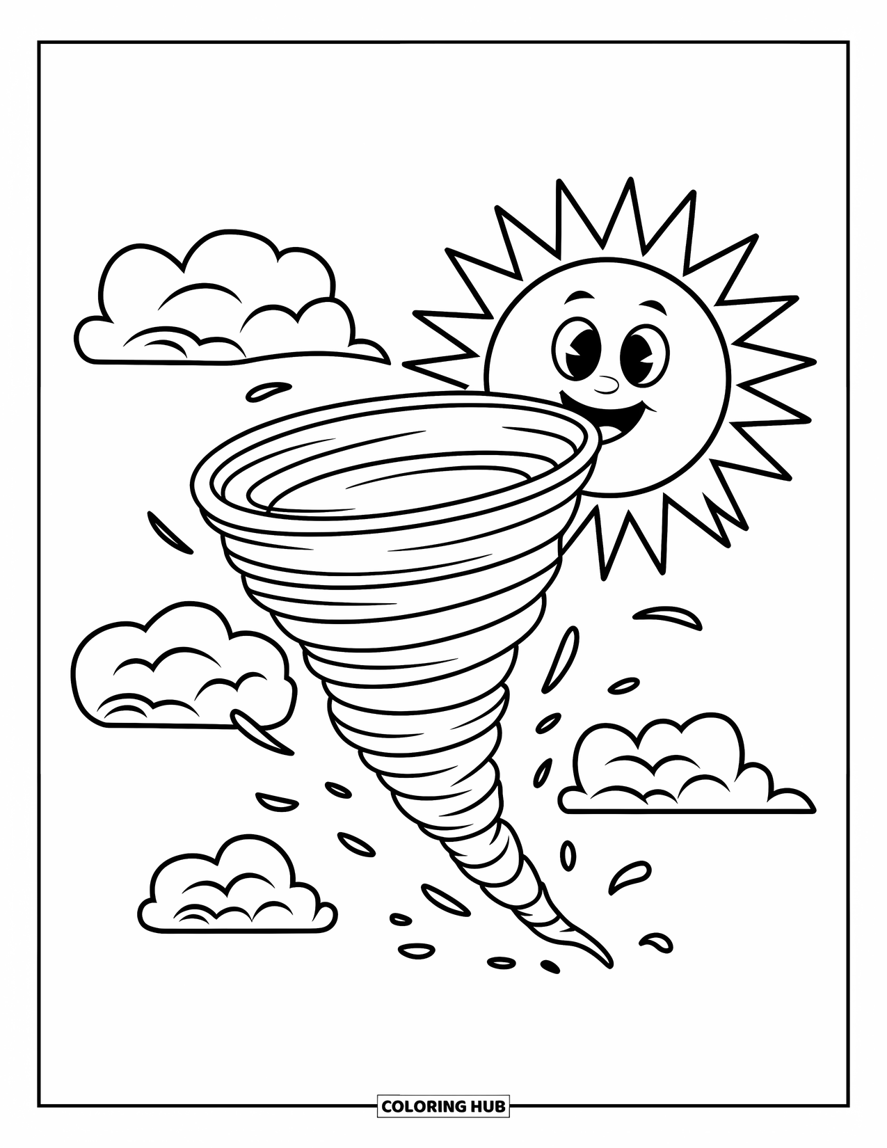 Tornado Coloring Page for Kids: A cute tornado with a hat twists beside a smiling sun and fluffy clouds