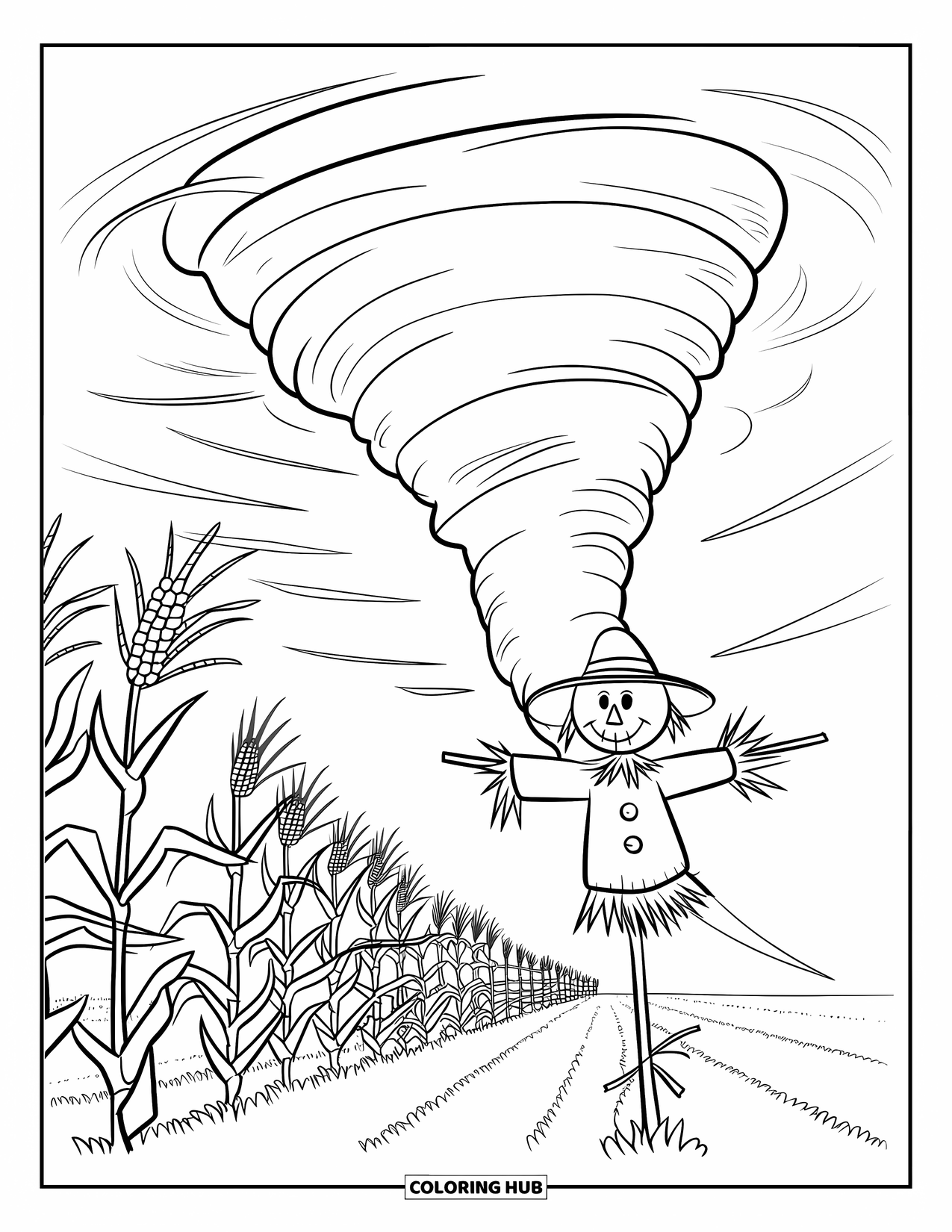 Tornado Coloring Page for Kids: A dark tornado moves through a cornfield near a scarecrow with a button nose