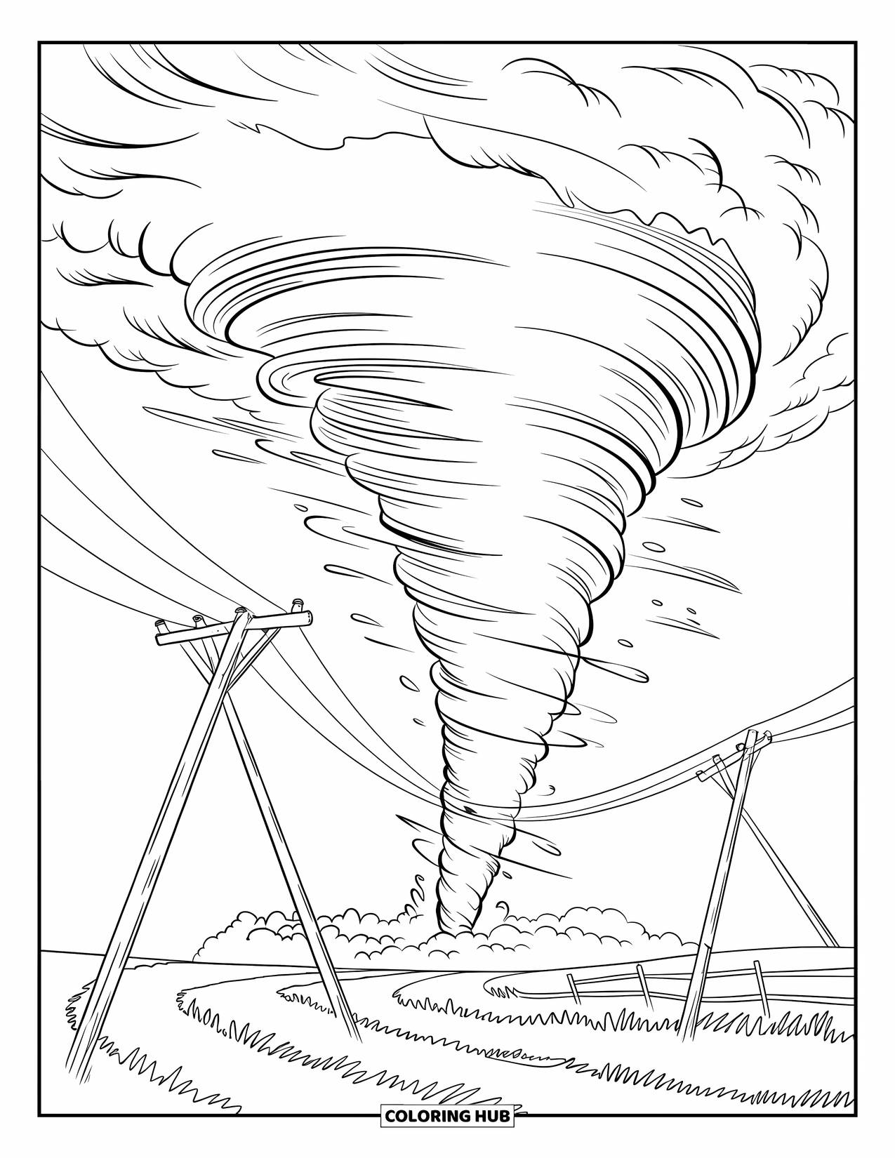 Tornado Coloring Page for Kids: A dark tornado touches down in a field with bent power poles and scattered trees