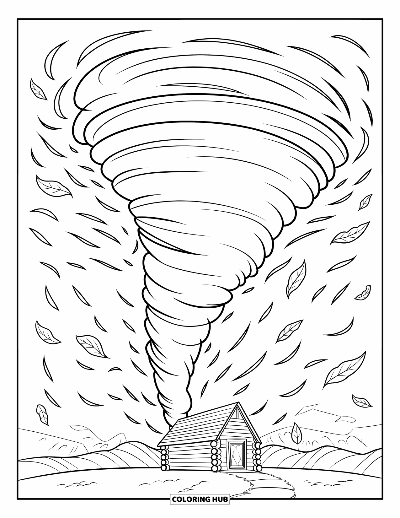 Tornado Coloring Page for Kids: A dramatic tornado twists behind a cabin with leaves swirling through the air