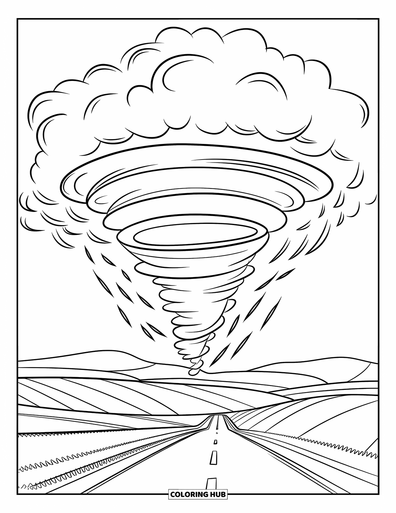 Tornado Coloring Page for Kids: A funnel cloud forms over a quiet country road with distant hills in the background