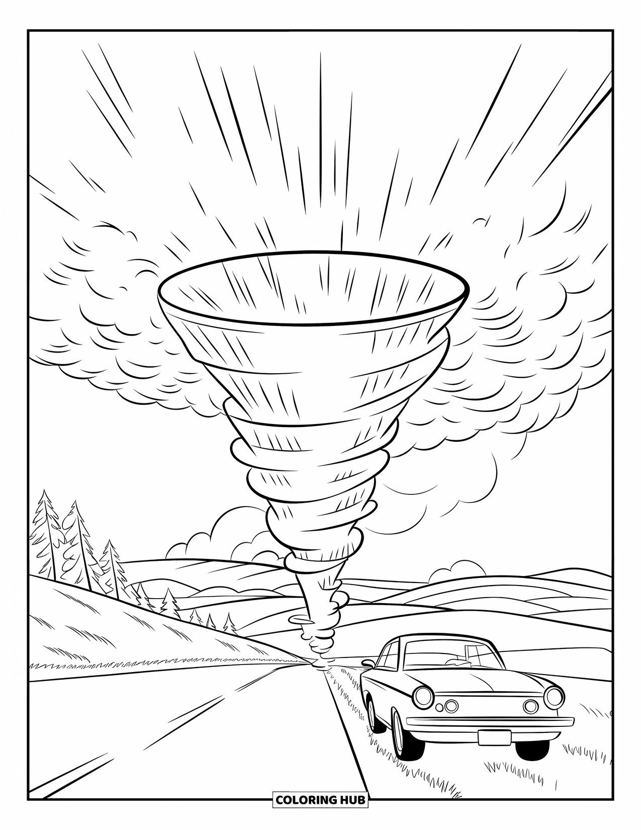 Tornado Coloring Page for Kids: A funnel cloud spins above a rural road with a car parked near hills and trees