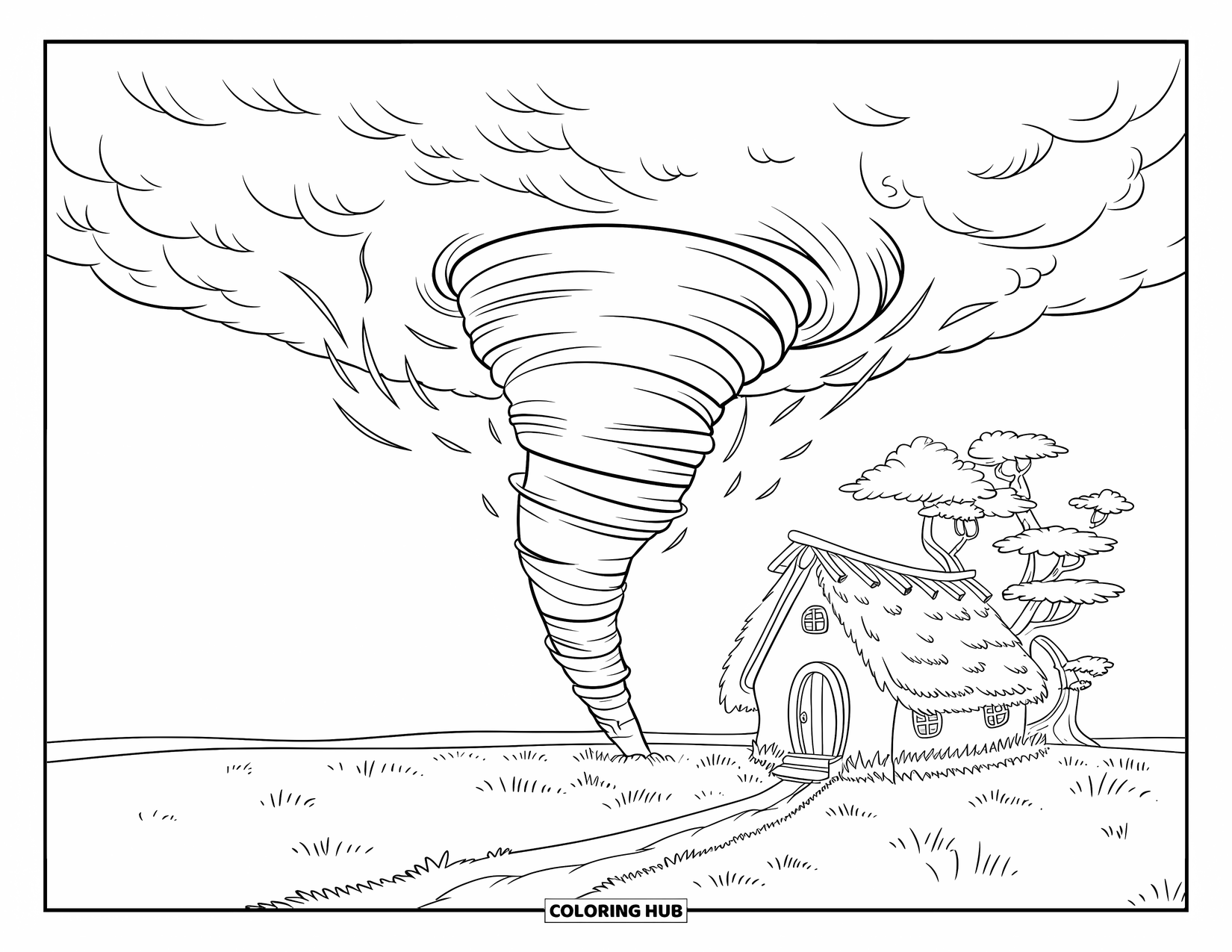 Tornado Coloring Page for Kids: A funnel tornado touches down near a small cottage and twisted trees on a grassy plain