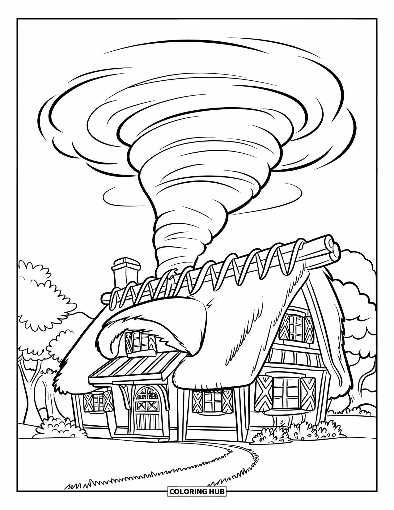 Tornado Coloring Page for Kids: A gentle tornado spins above a house with wooden beams, chimney, and a tree-lined path