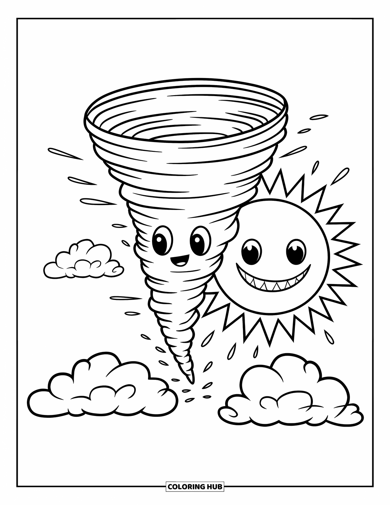 Tornado Coloring Page for Kids: A happy tornado with big eyes spins near a grinning sun and soft, puffy clouds
