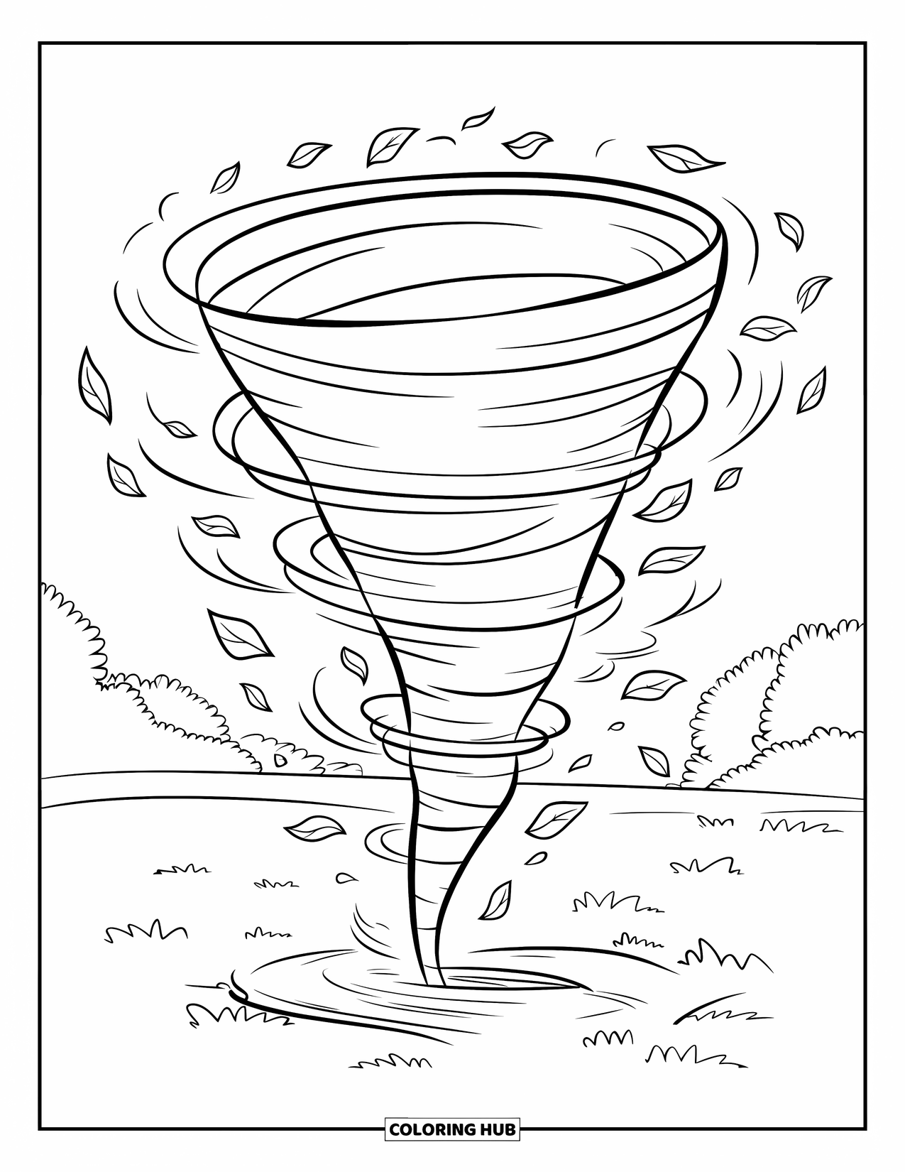 Tornado Coloring Page for Kids: A simple tornado with swirling leaves spins in the middle of a green field