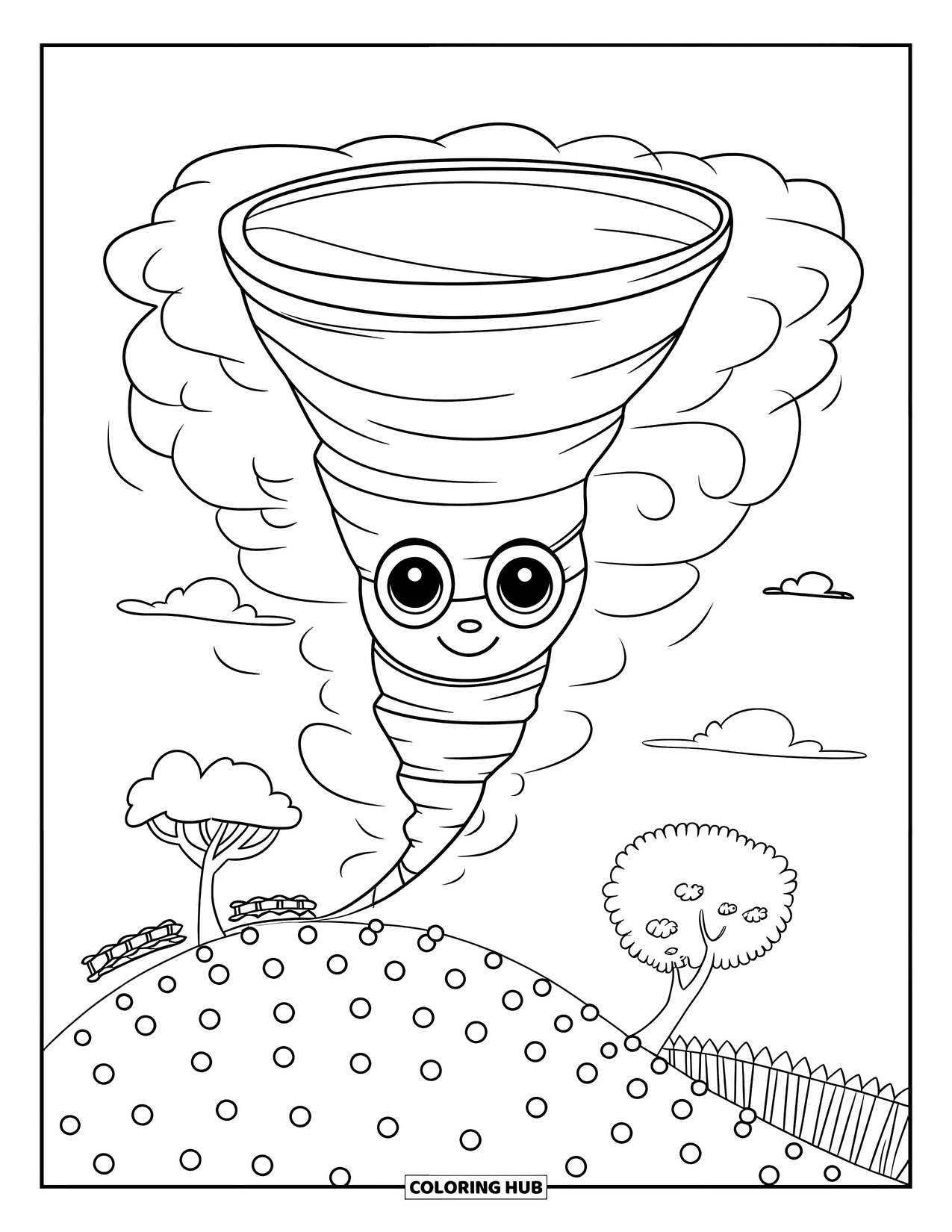 Tornado Coloring Page for Kids: A smiling tornado wearing a striped shirt floats above a hill with scattered balls