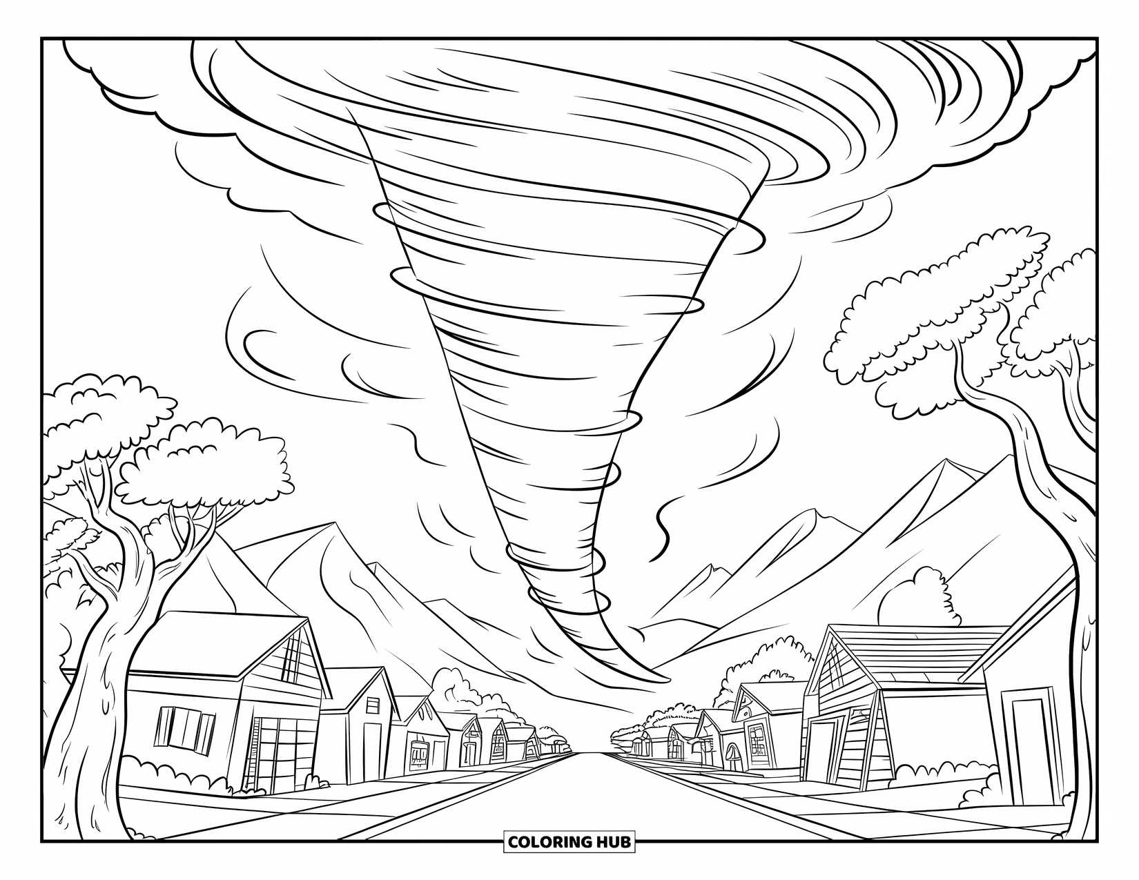Tornado Coloring Page for Kids: A spiral tornado moves past houses and trees with branches reaching skyward