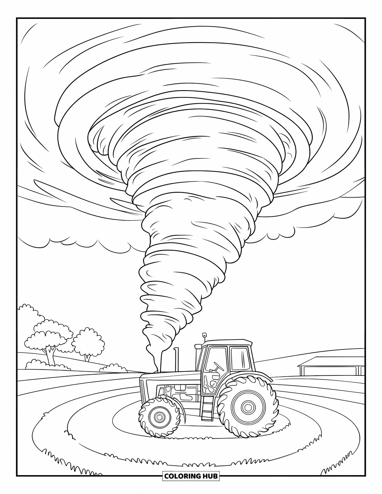 Tornado Coloring Page for Kids: A spiral tornado surrounds a tractor in a wide, open field with trees nearby