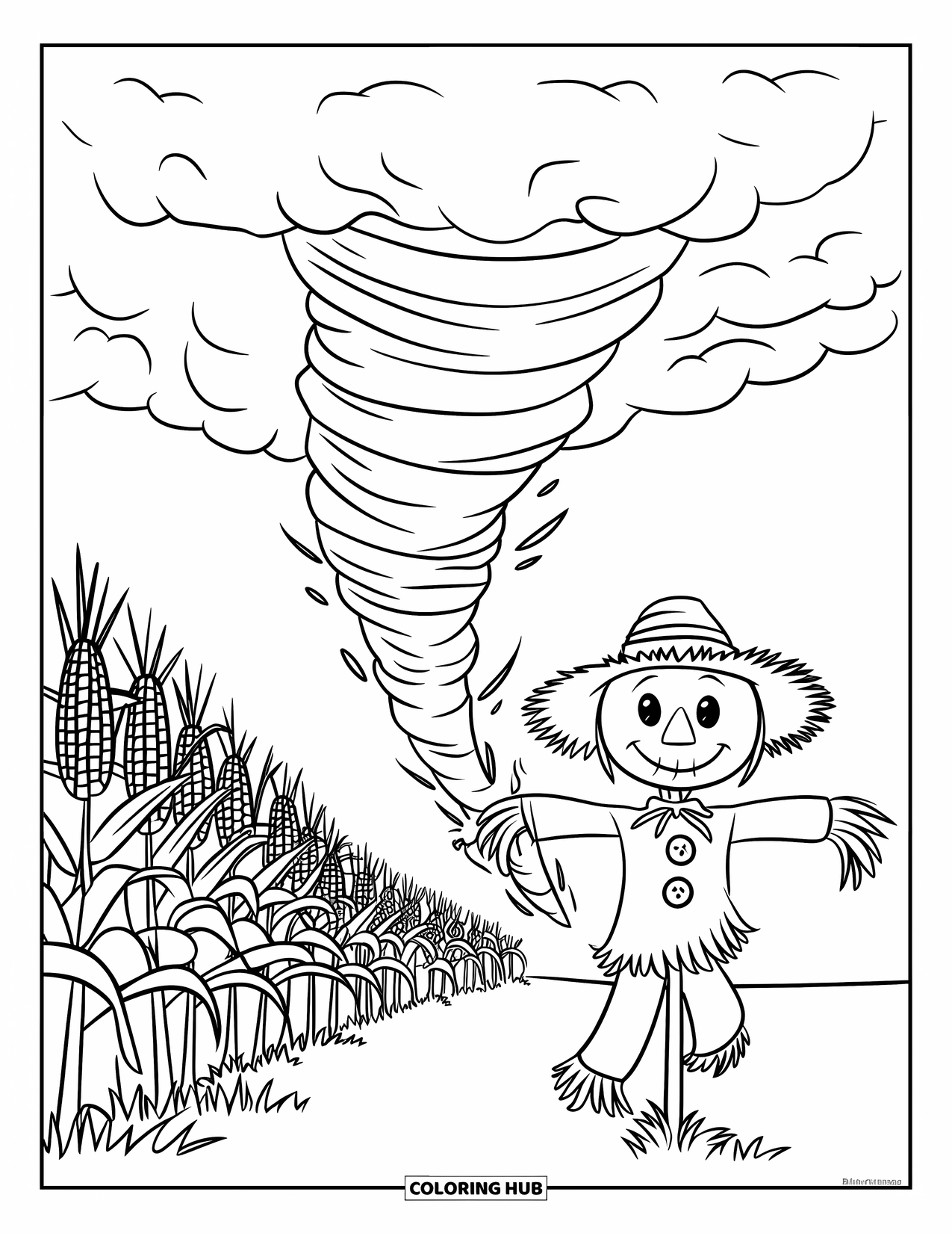 Tornado Coloring Page for Kids: A spiral tornado swirls past a smiling scarecrow standing tall in a cornfield