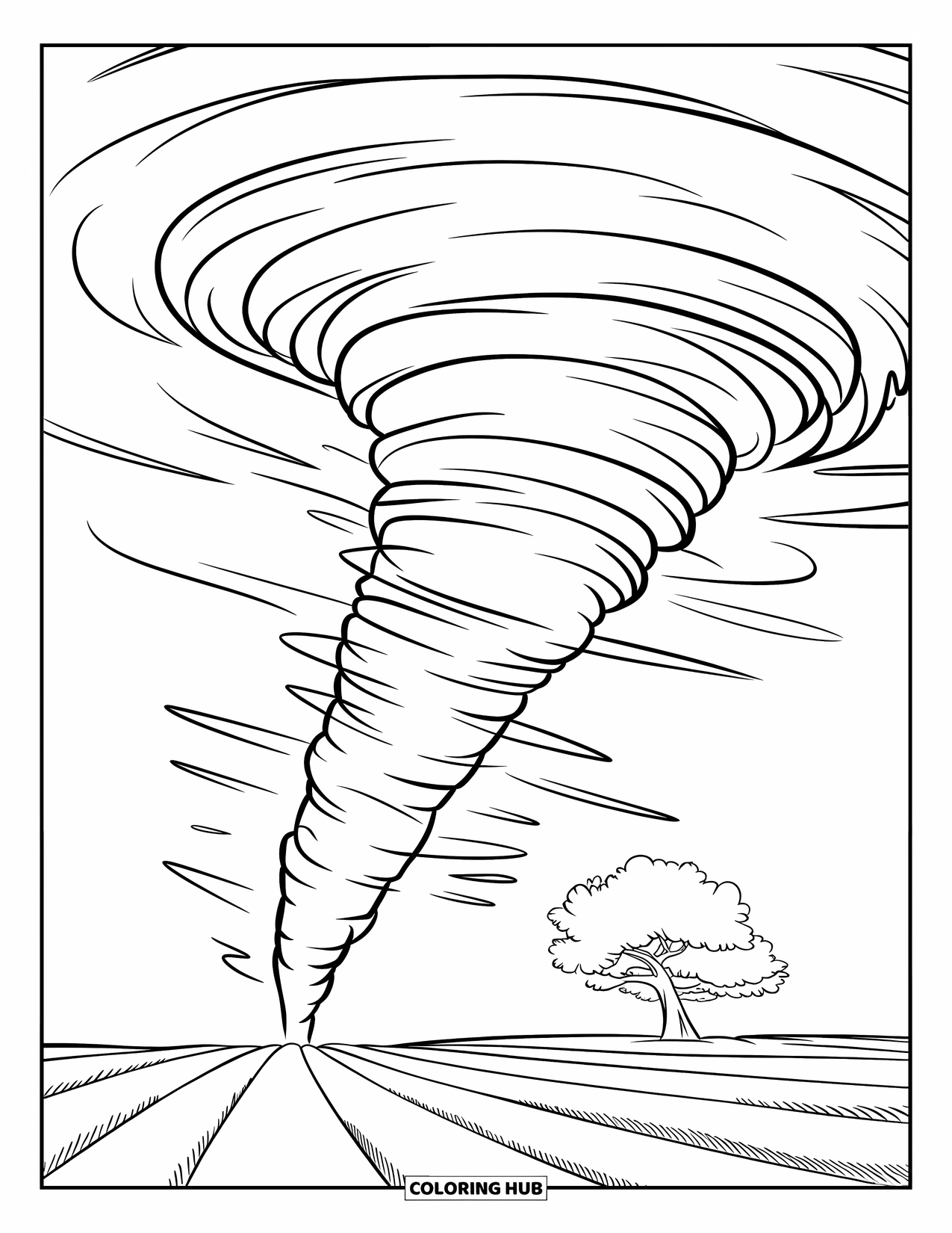 Tornado Coloring Page for Kids: A spiral tornado touches a flat field with one tree under a wide, open sky