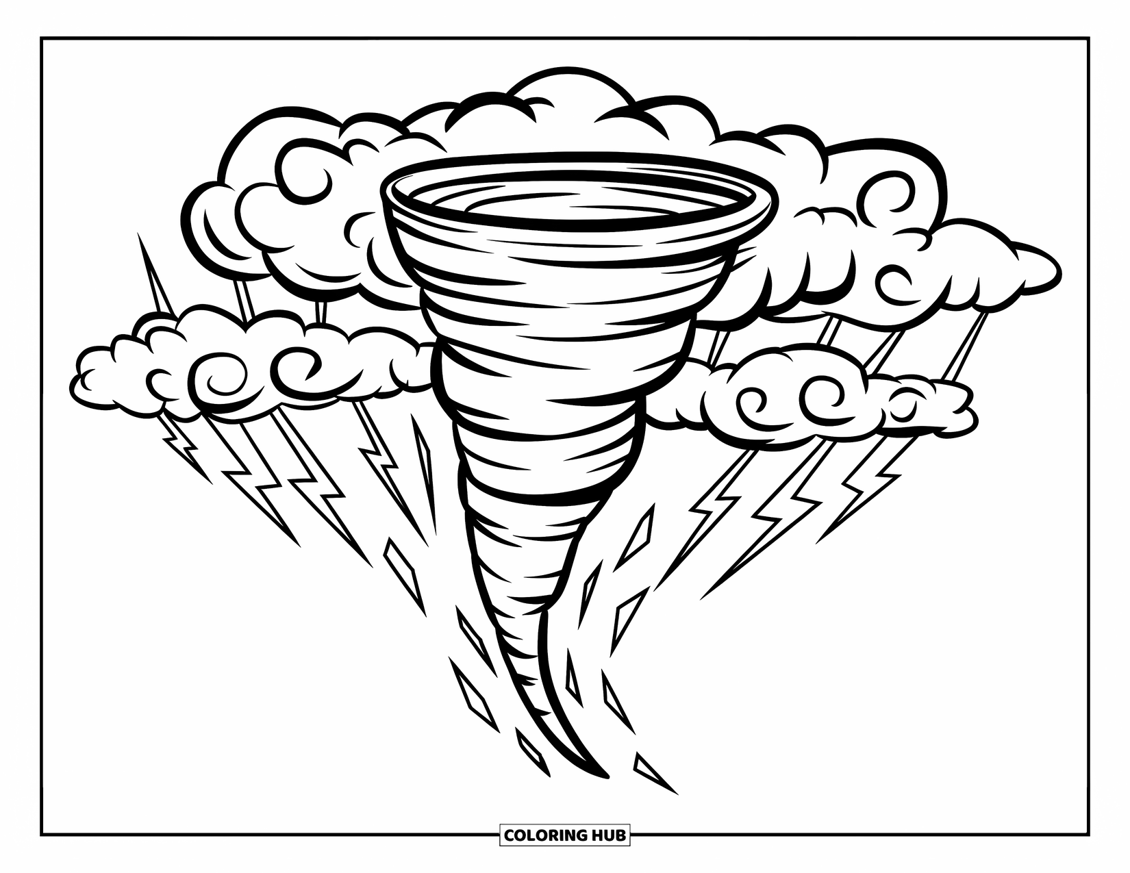 Tornado Coloring Page for Kids: A strong tornado spins beneath thunderclouds with bold lightning bolts striking around it