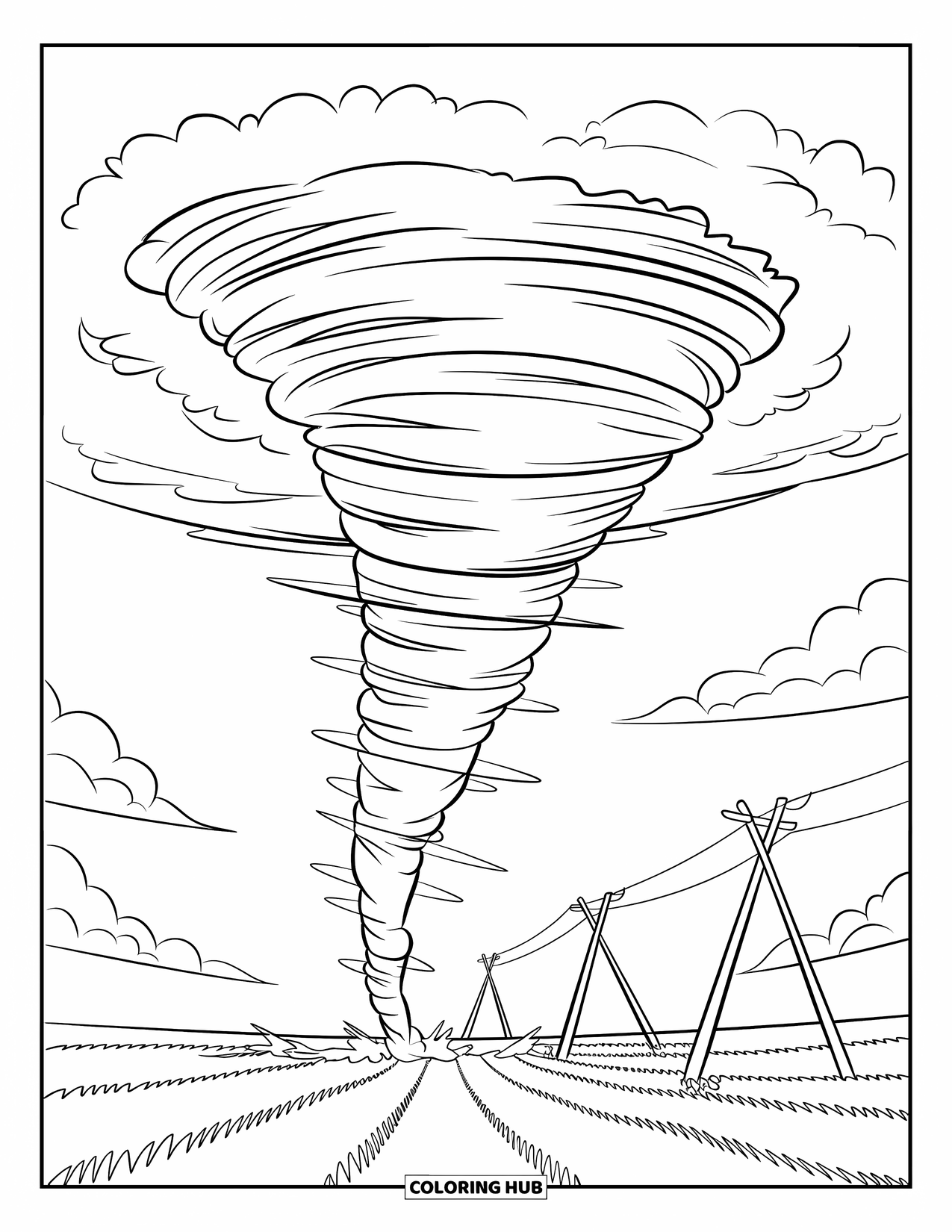 Tornado Coloring Page for Kids: A swirling funnel cloud reaches the ground near leaning poles and an open field