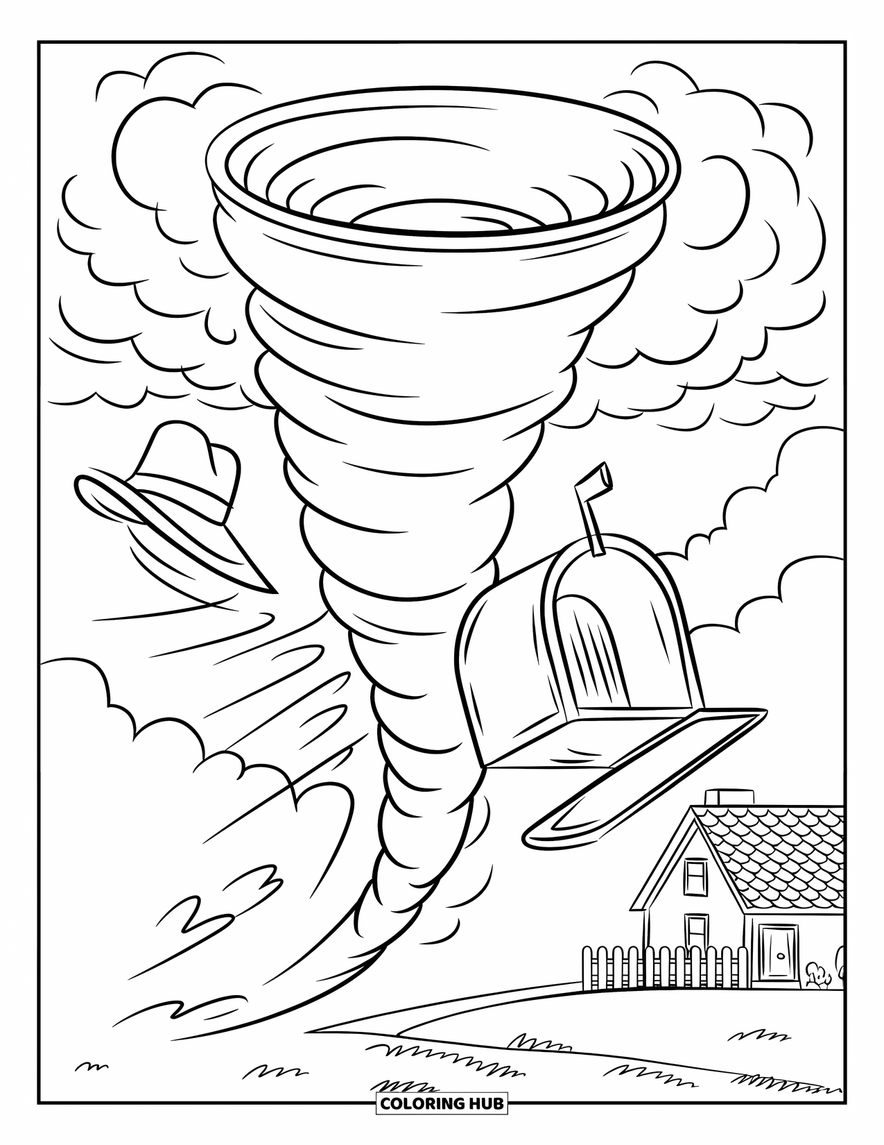 Tornado Coloring Page for Kids: A swirling tornado lifts a mailbox and hat near a house with a picket fence
