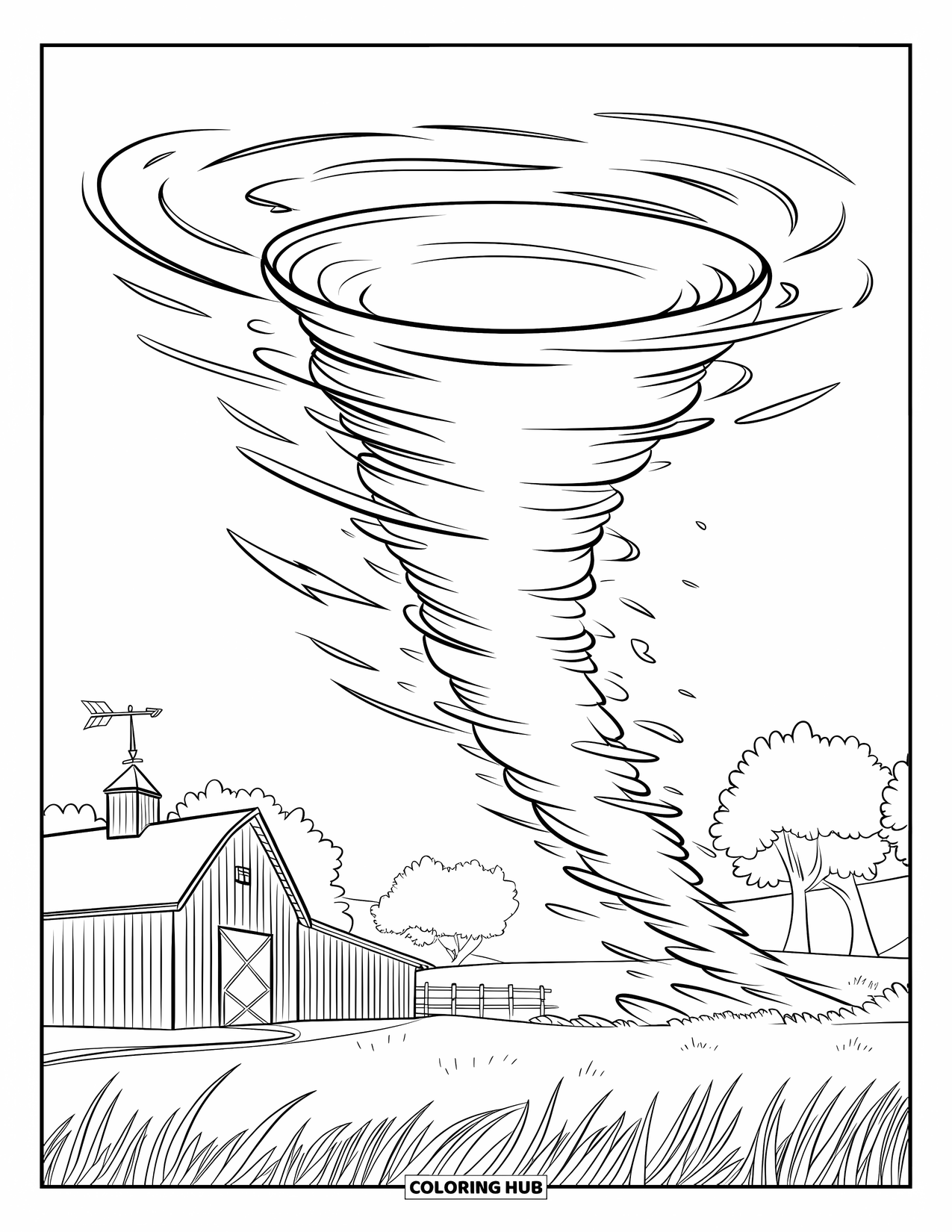 Tornado Coloring Page for Kids: A swirling tornado moves past a barn and trees with grass waving in the wind