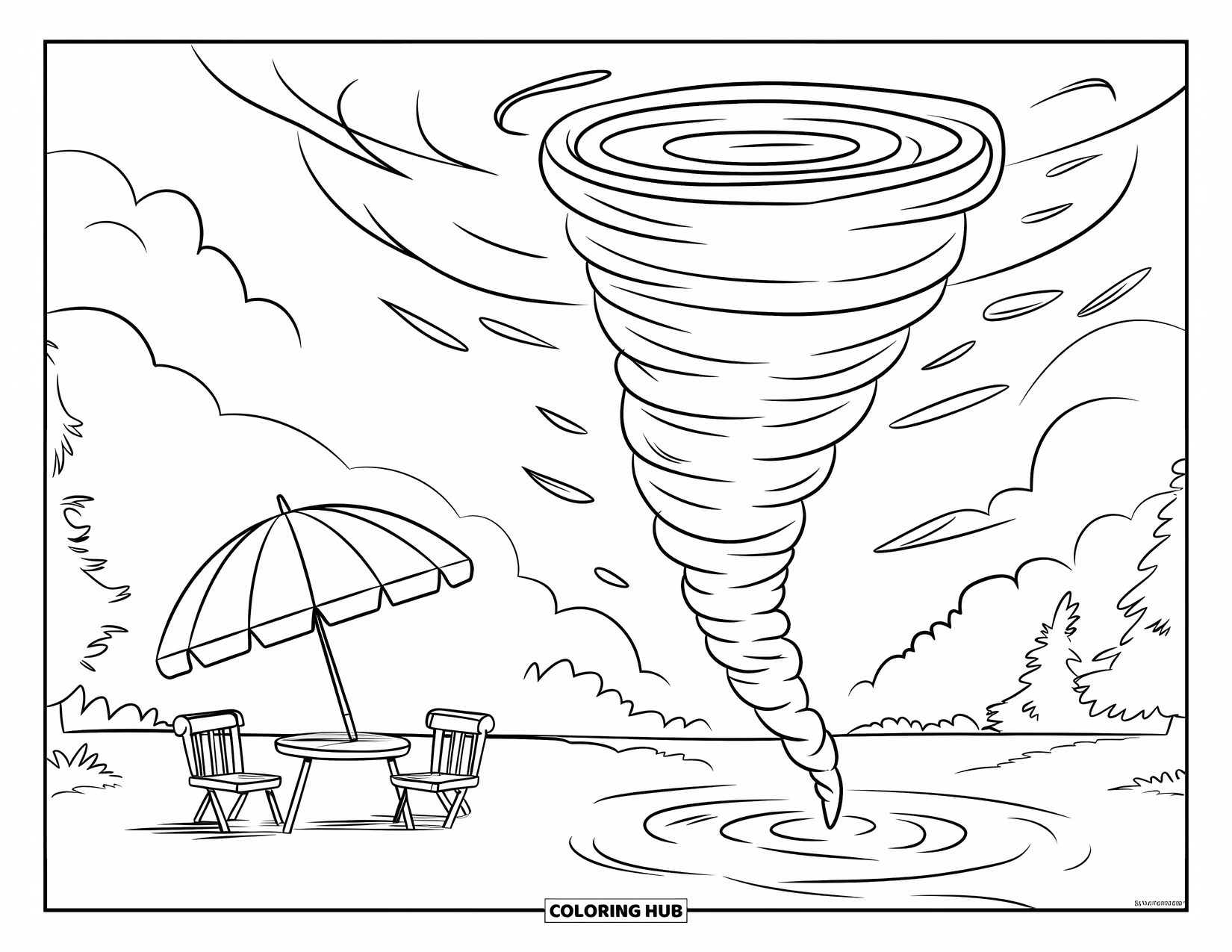 Tornado Coloring Page for Kids: A swirling tornado moves past a picnic area with chairs, a table, and dark clouds