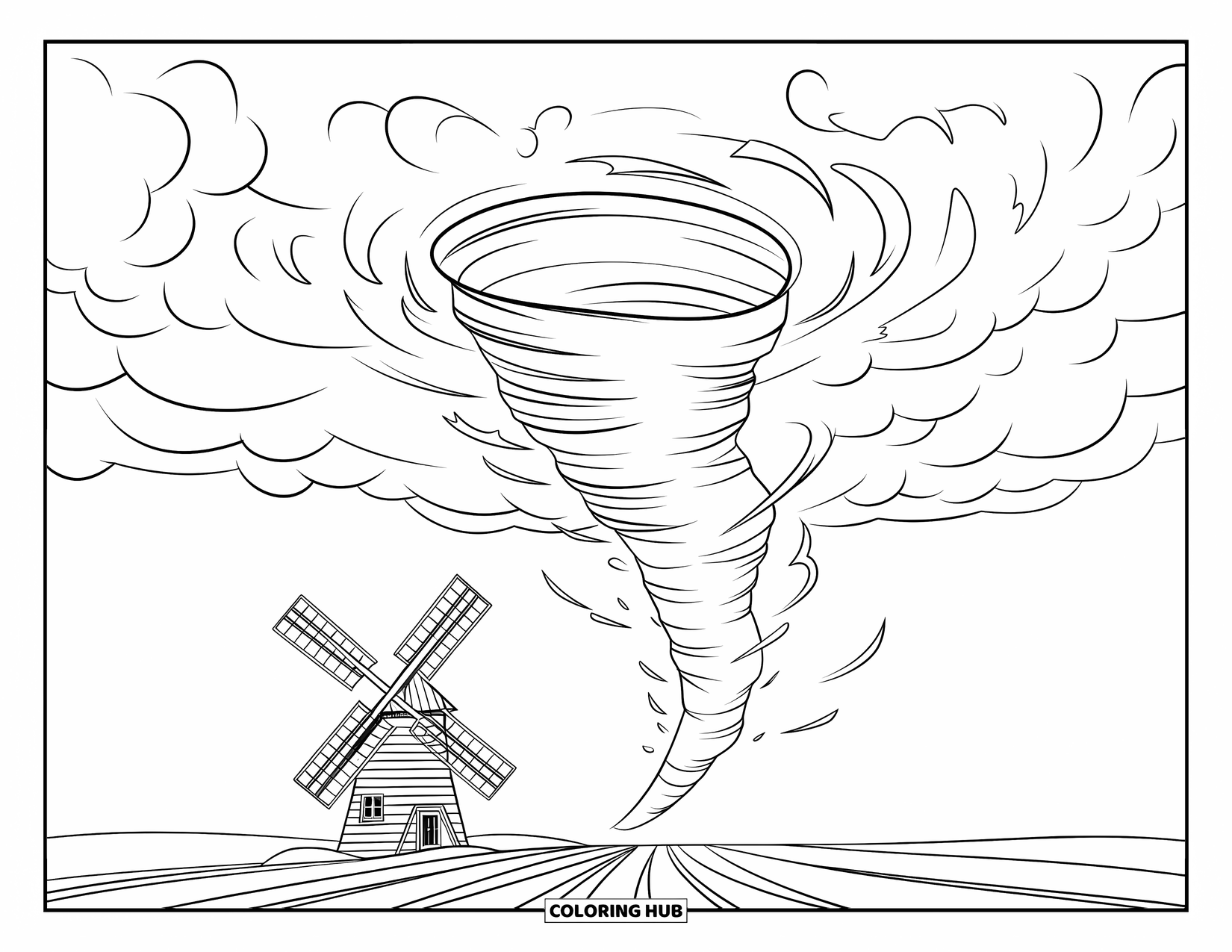 Tornado Coloring Page for Kids: A swirling tornado moves past a windmill in a wide open field