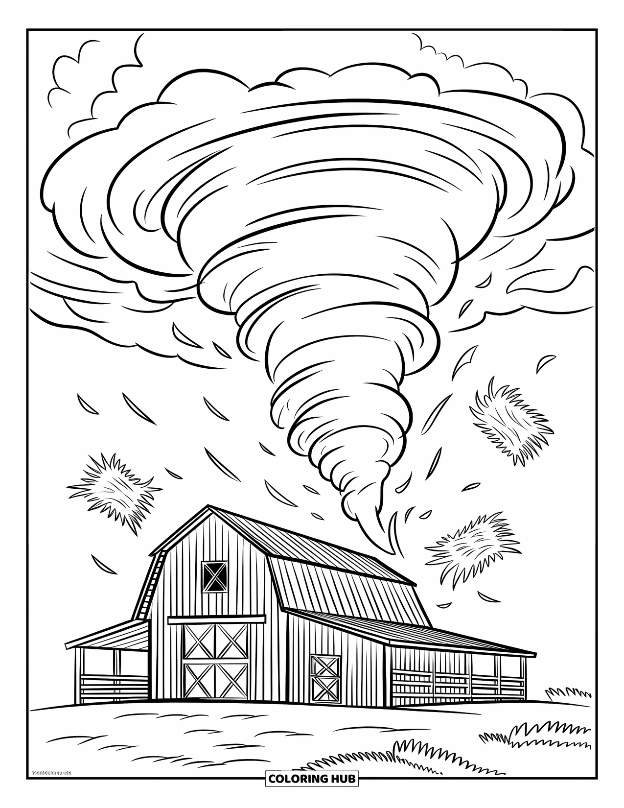 Tornado Coloring Page for Kids: A swirling tornado rises above a barn with hay flying through the air