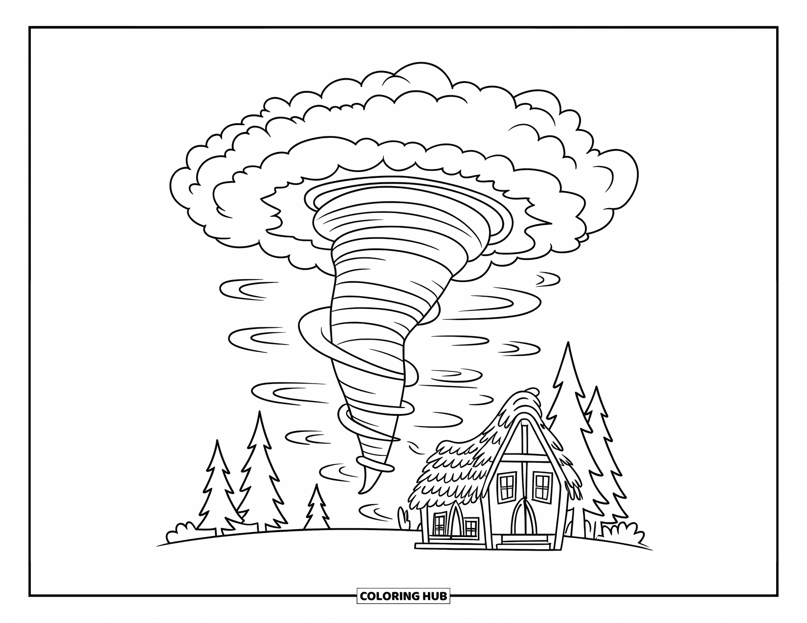 Tornado Coloring Page for Kids: A swirling tornado twists beside a cottage with trees under a clear, open sky