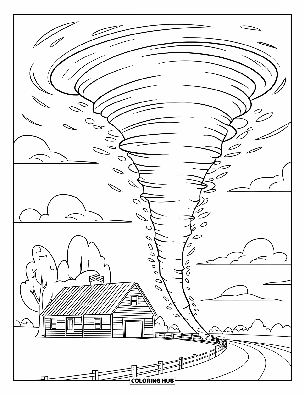 Tornado Coloring Page for Kids: A tiny tornado swirls beside a farmhouse with trees and a fence under a cloudy sky