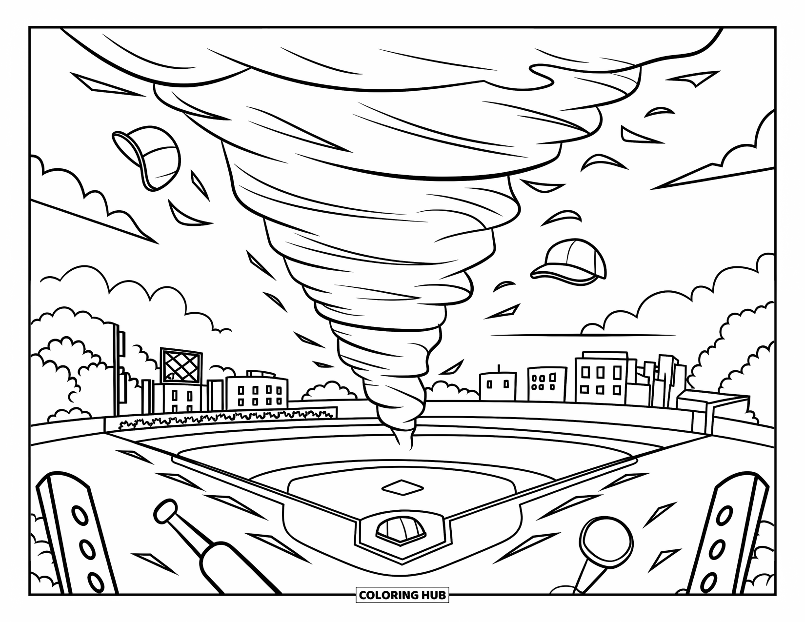 Tornado Coloring Page for Kids: A tornado picks up bats and caps near a ball field, with trees and buildings behind
