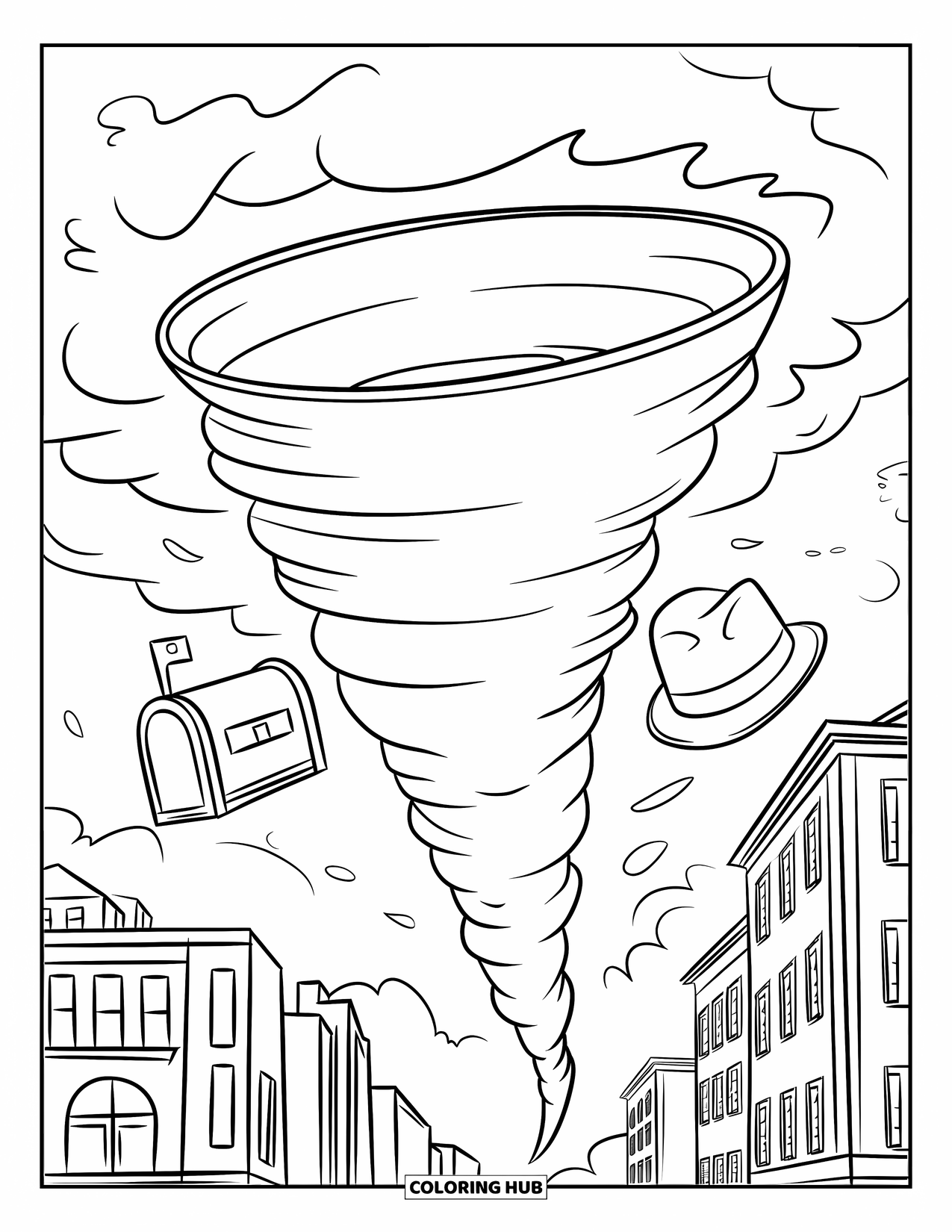 Tornado Coloring Page for Kids: A tornado spins above buildings, carrying a mailbox and hat through the wind