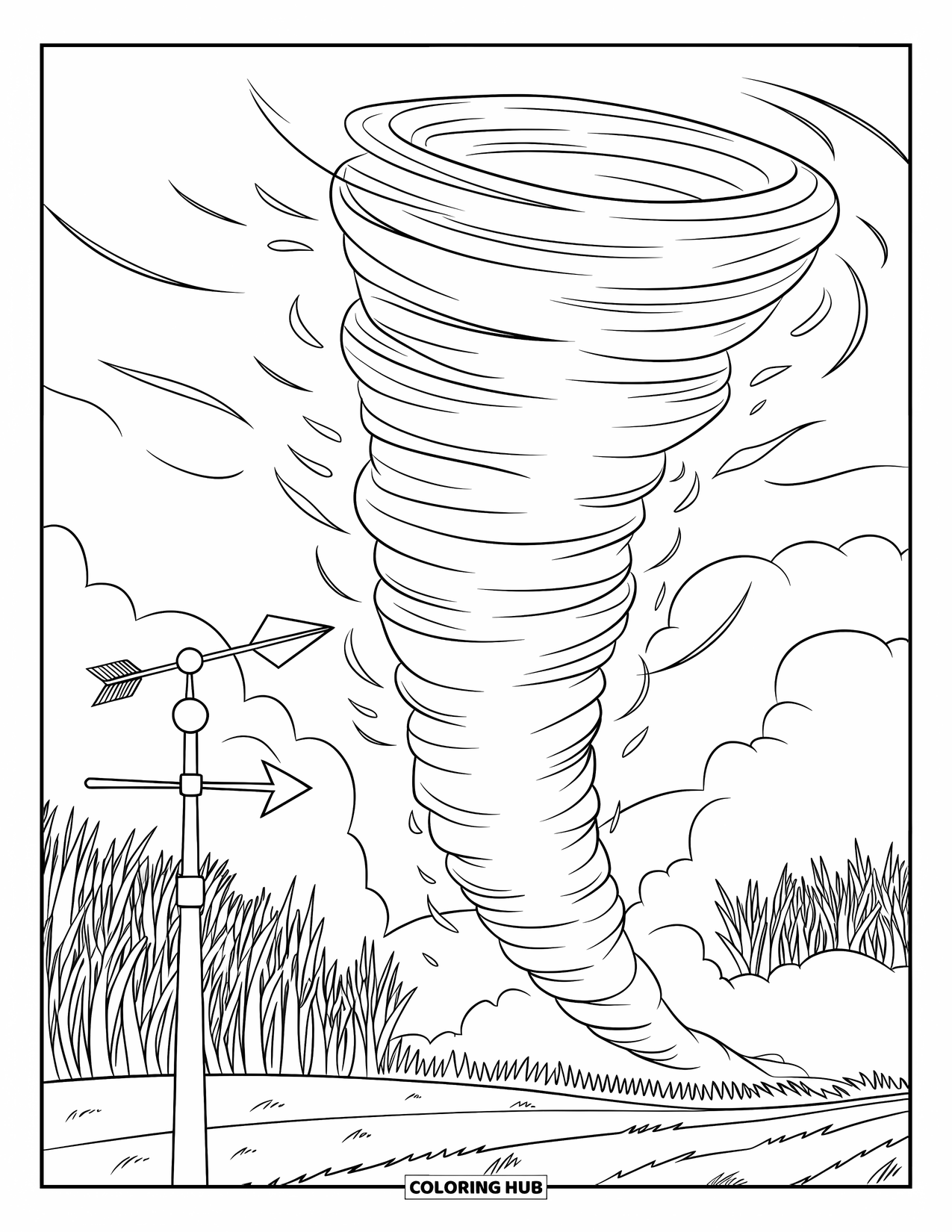 Tornado Coloring Page for Kids: A tornado spins across farmland, passing a wind vane and tall grass