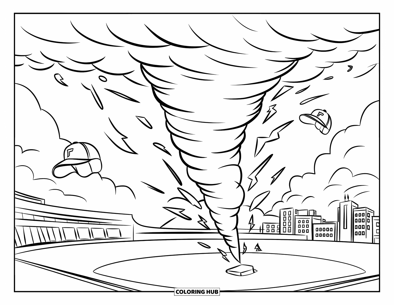 Tornado Coloring Page for Kids: A tornado spins near a baseball field, tossing caps and bats through the air