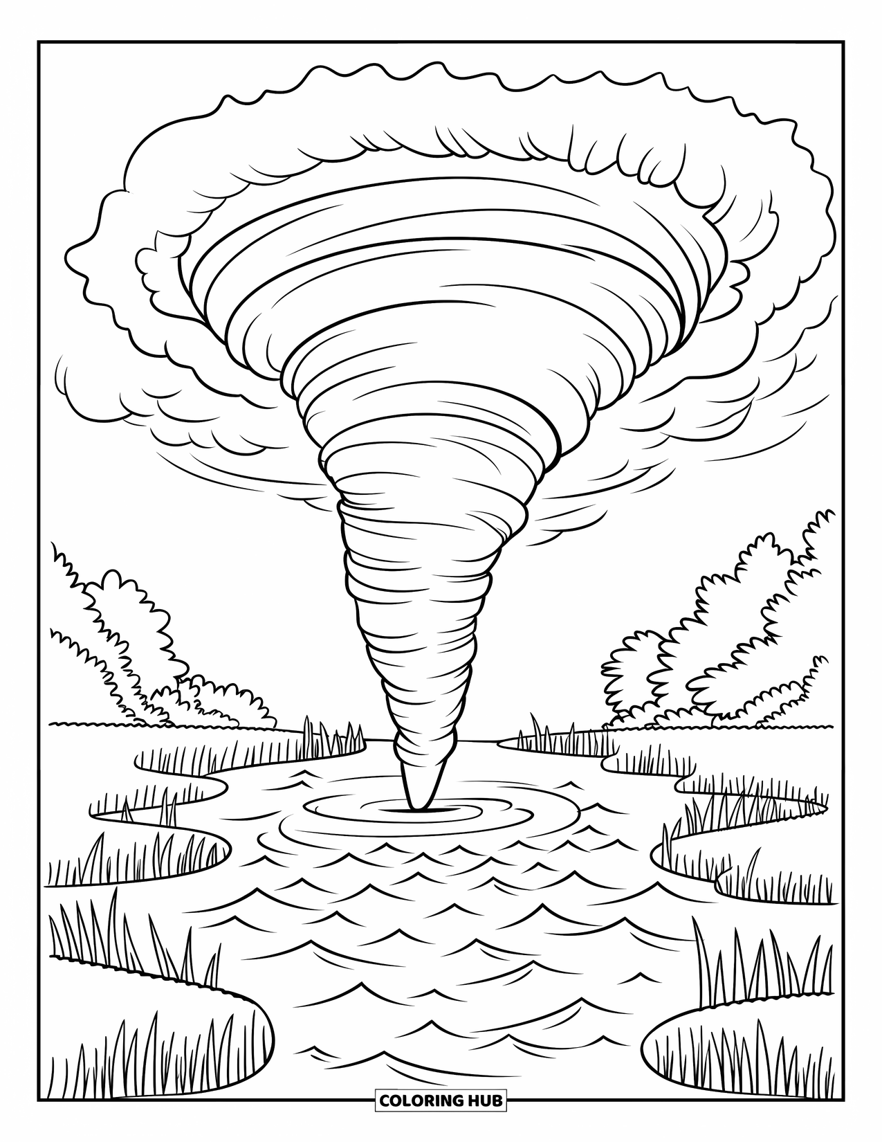 Tornado Coloring Page for Kids: A tornado spins near a choppy lake surrounded by reeds and a few quiet trees