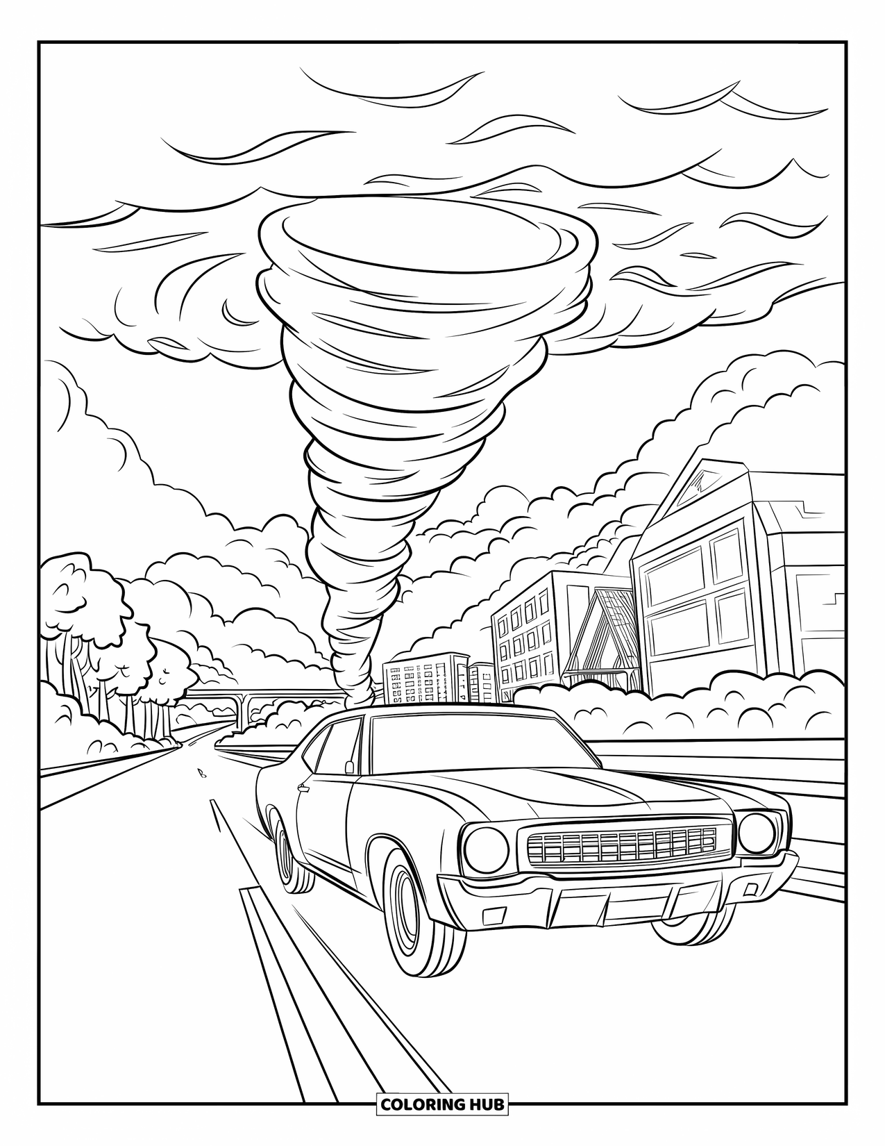 Tornado Coloring Page for Kids: A tornado swirls in the distance while a car speeds past trees, buildings, and a bridge