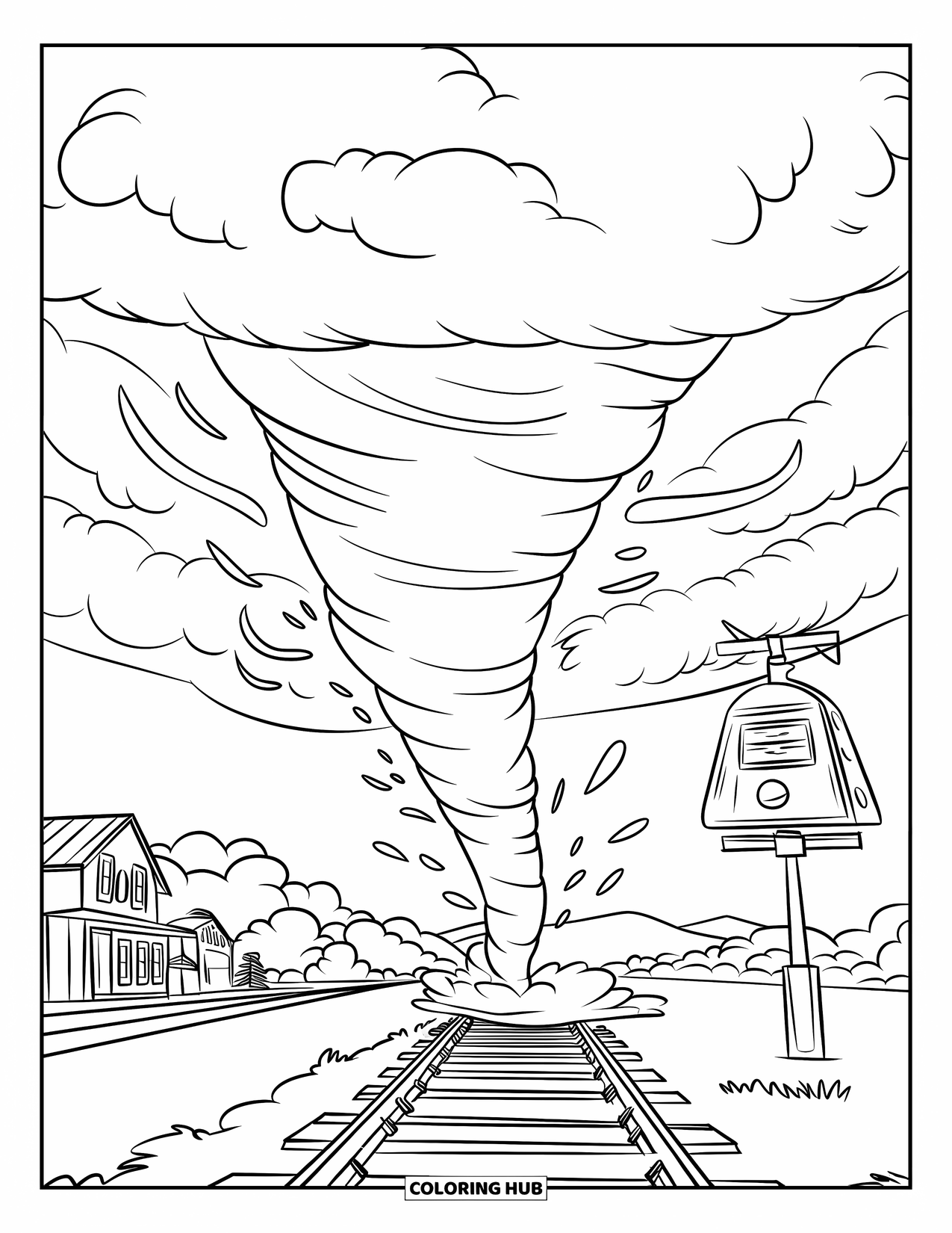 Tornado Coloring Page for Kids: A tornado swirls near rail tracks with a weather siren and small town in the background