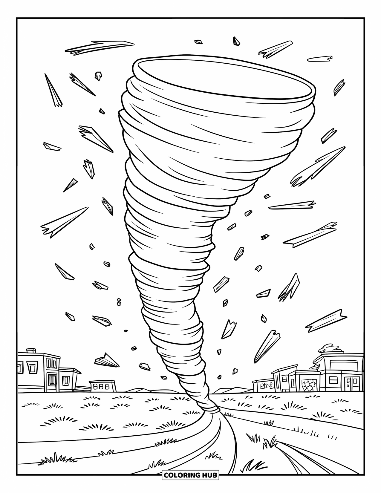Tornado Coloring Page for Kids: A tornado tears through a prairie, flinging broken branches through the sky