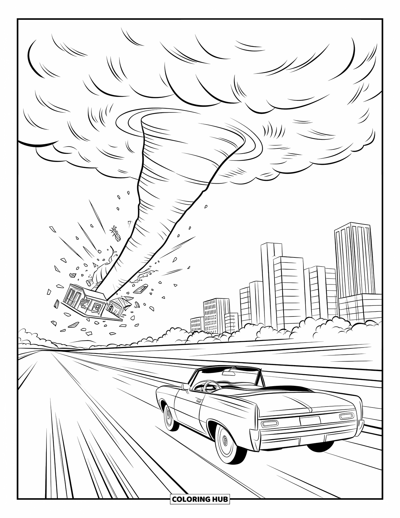 Tornado Coloring Page for Kids: A tornado tosses debris as a convertible speeds down the highway past tall buildings