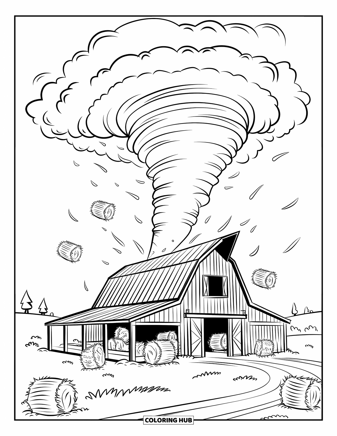Tornado Coloring Page for Kids: A tornado whirls above a barn, scattering hay bales under a sky with distant trees