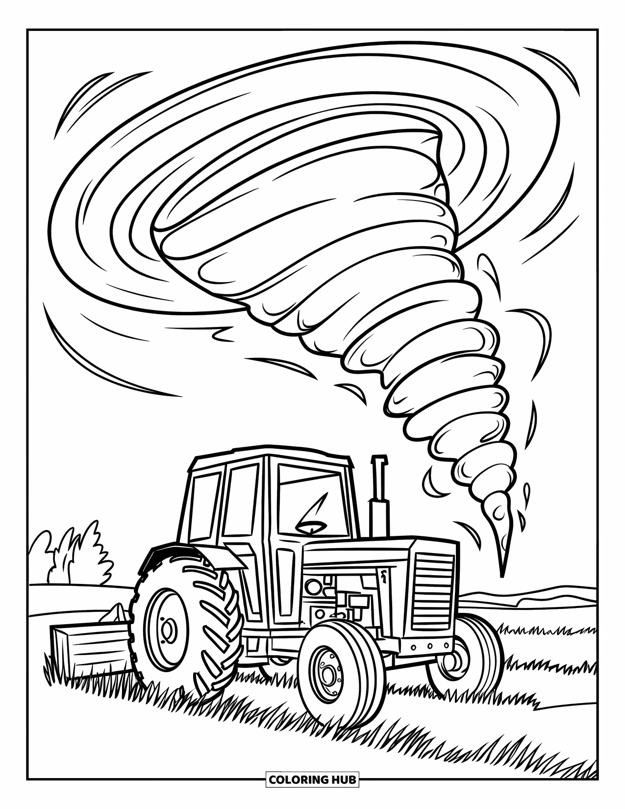 Tornado Coloring Page for Kids: A twisting tornado circles a tractor in a quiet field with trees in the distance