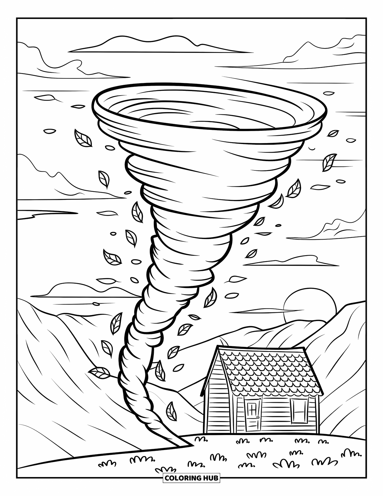 Tornado Coloring Page for Kids: A twisting tornado pulls leaves from a tree beside a quiet cabin and distant mountains