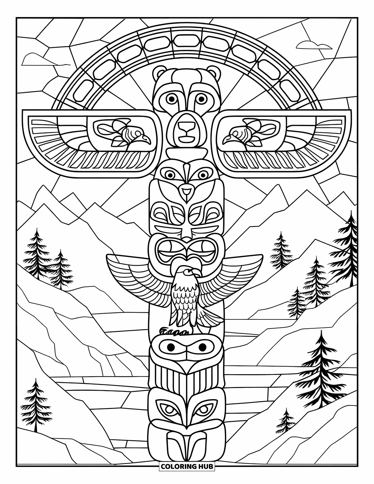 Totem Coloring Page for Adults: A bear, eagle, and salmon totem pole stands in stained glass arcs near mountains
