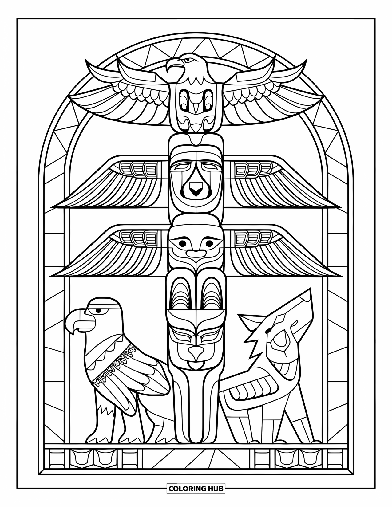 Totem Coloring Page for Adults: A bear, eagle, and wolf totem pole rests within stained glass arcs on white