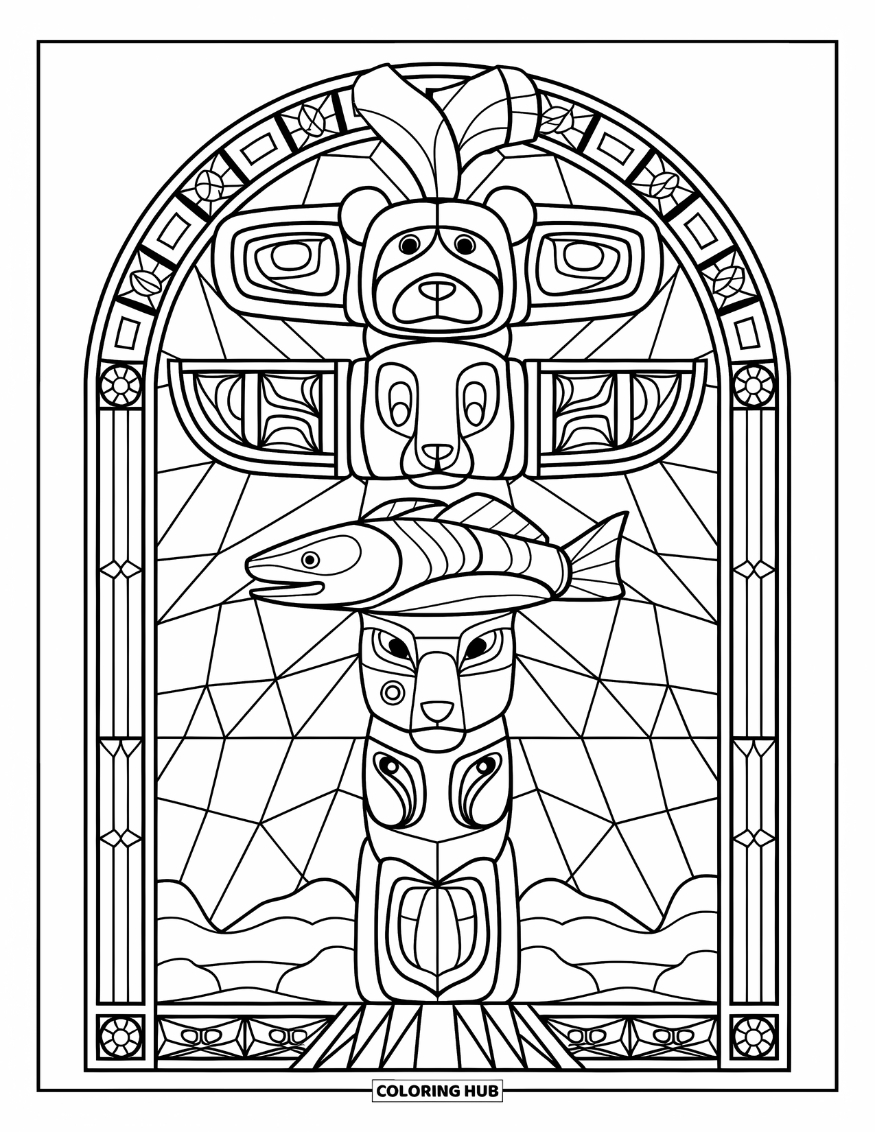 Totem Coloring Page for Adults: A bear, salmon, and bird totem pole is framed by stained glass borders