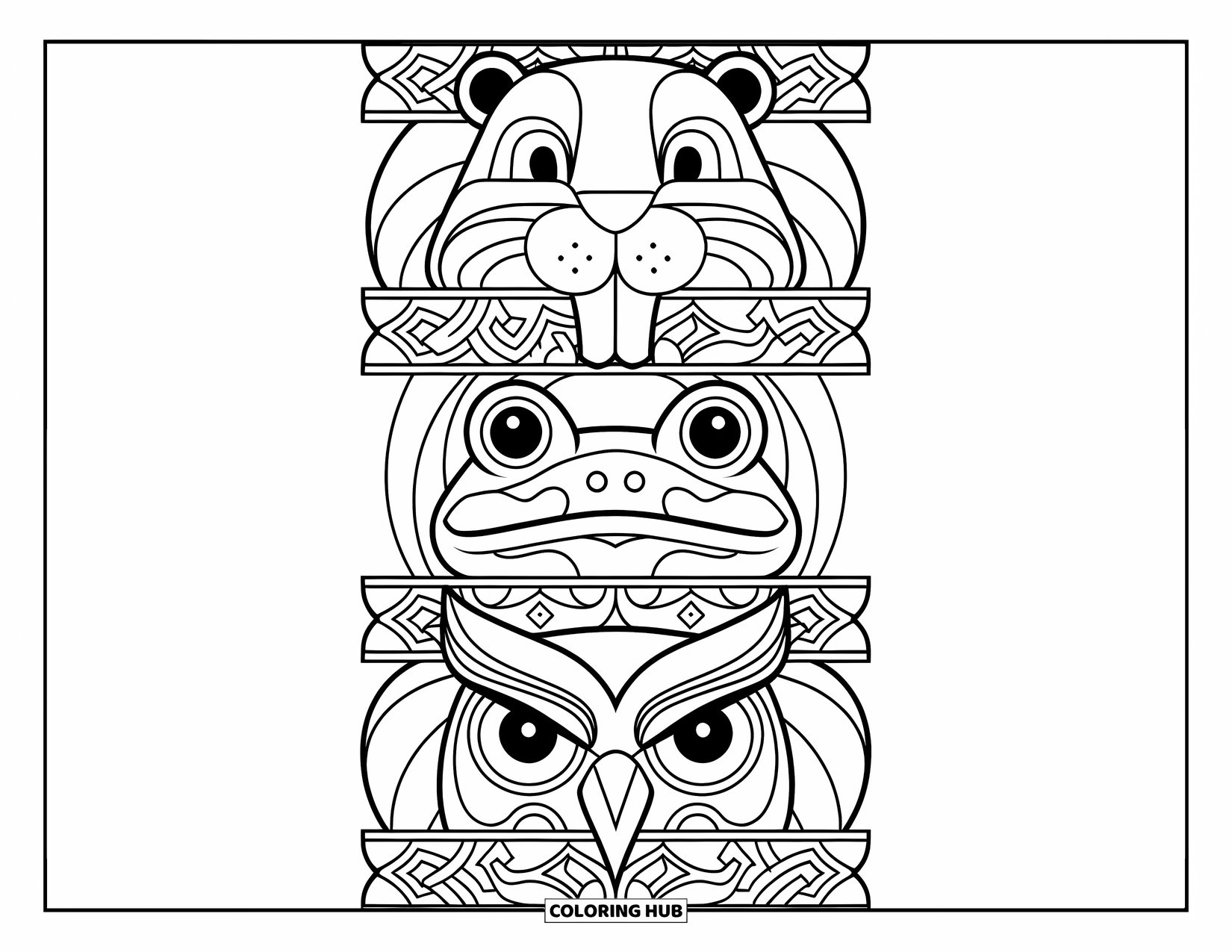 Totem Coloring Page for Adults: A beaver, frog, and owl mask stack on a pole with ornate bands