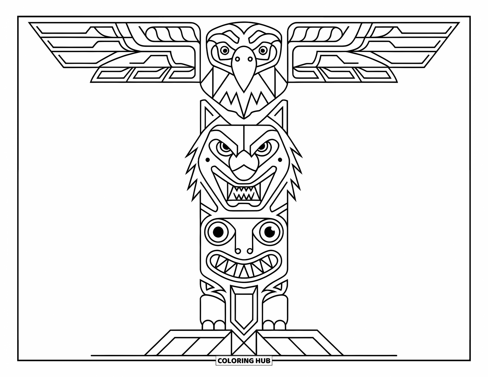 Totem Coloring Page for Adults: A pole features eagle, wolf, and frog faces stacked symmetrically on a flat base