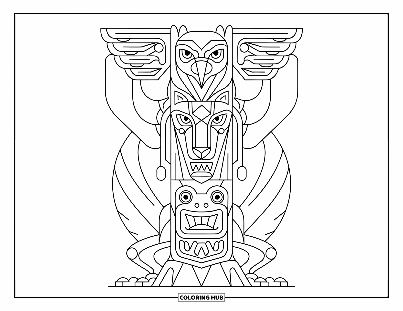 Totem Coloring Page for Adults: A pole shows three fierce faces: eagle, wolf, and frog, standing on a base