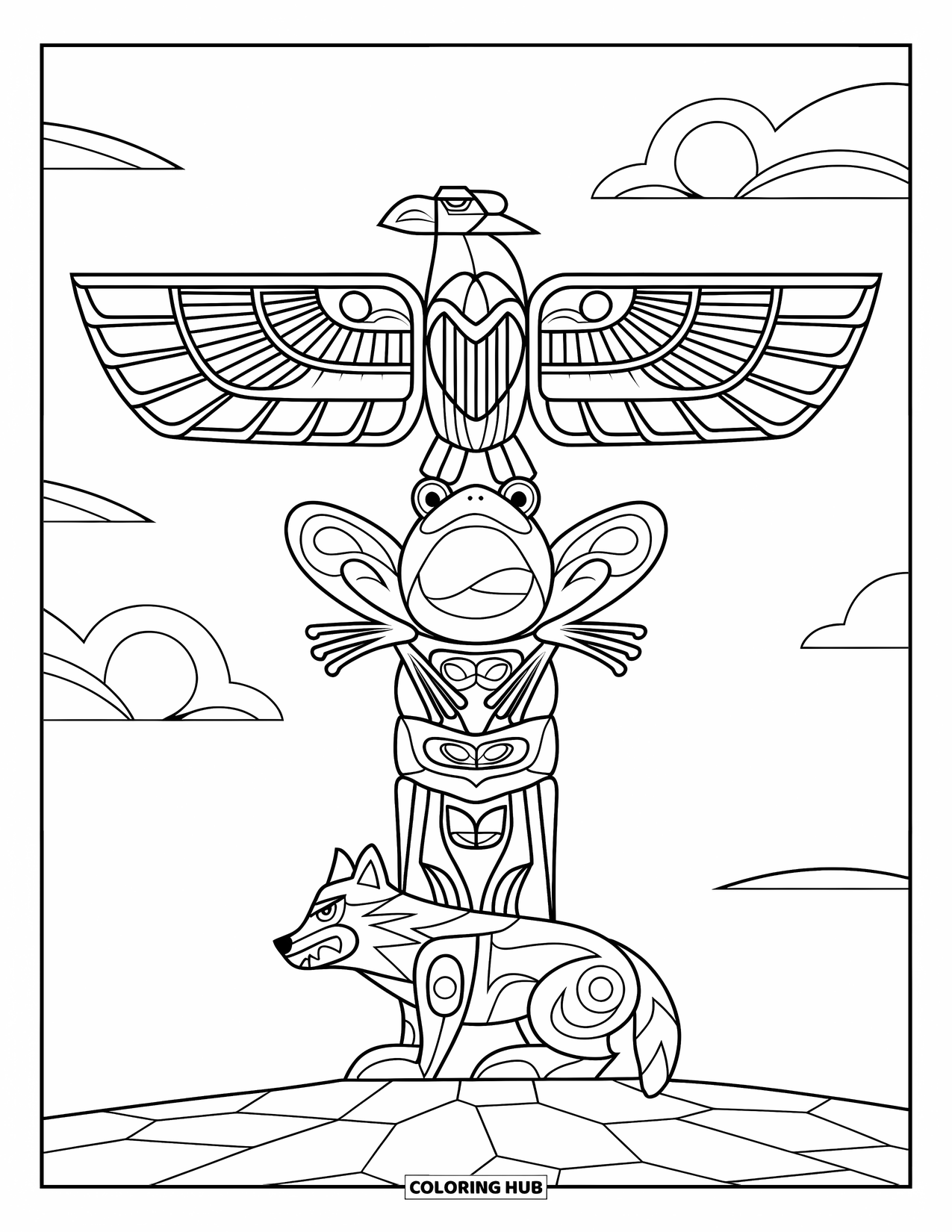 Totem Coloring Page for Adults: A pole with a thunderbird, frog, and wolf stands on rocky ground